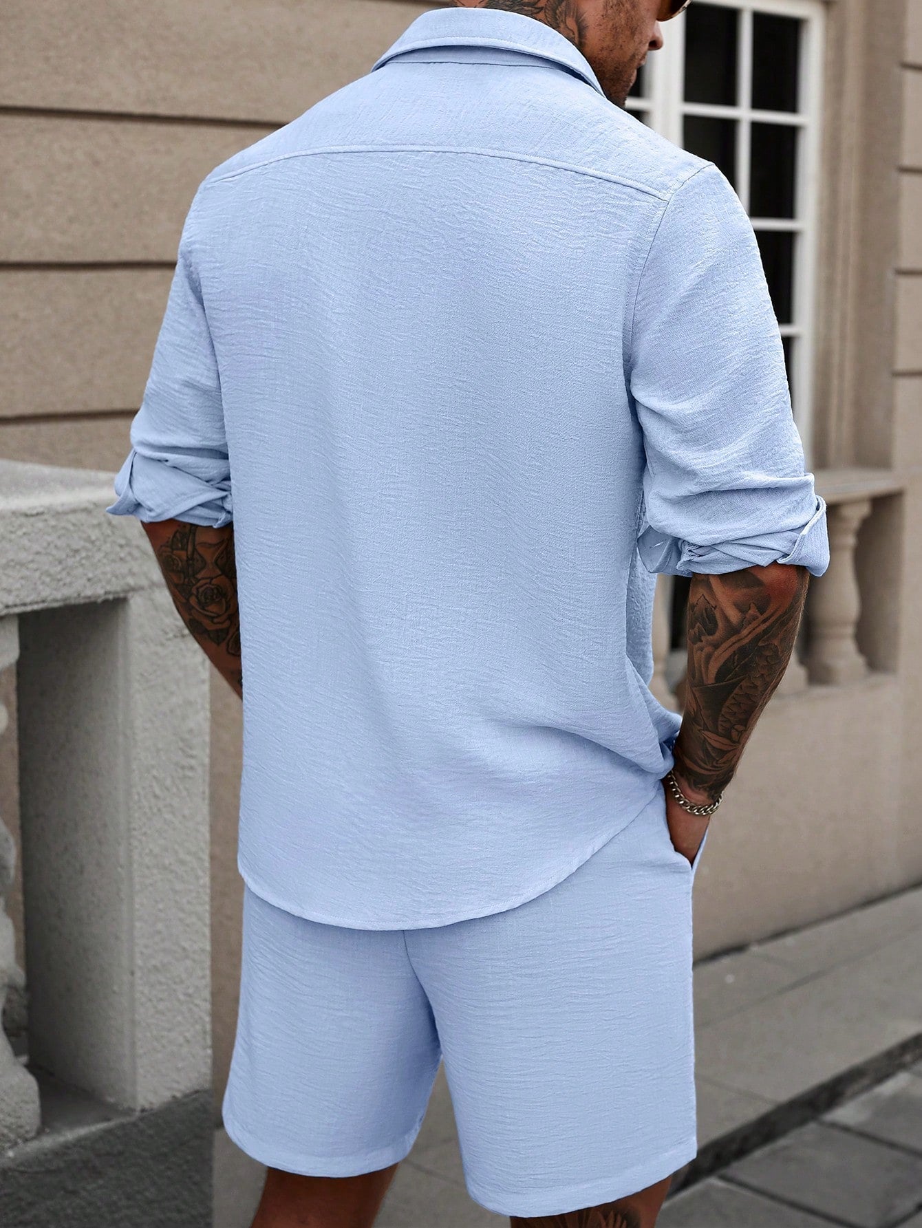 Conjunto Masculino Camisa Manga Longa Botões Simples E Shorts Casual Conjunto Masculino Camisa Manga Longa Botões