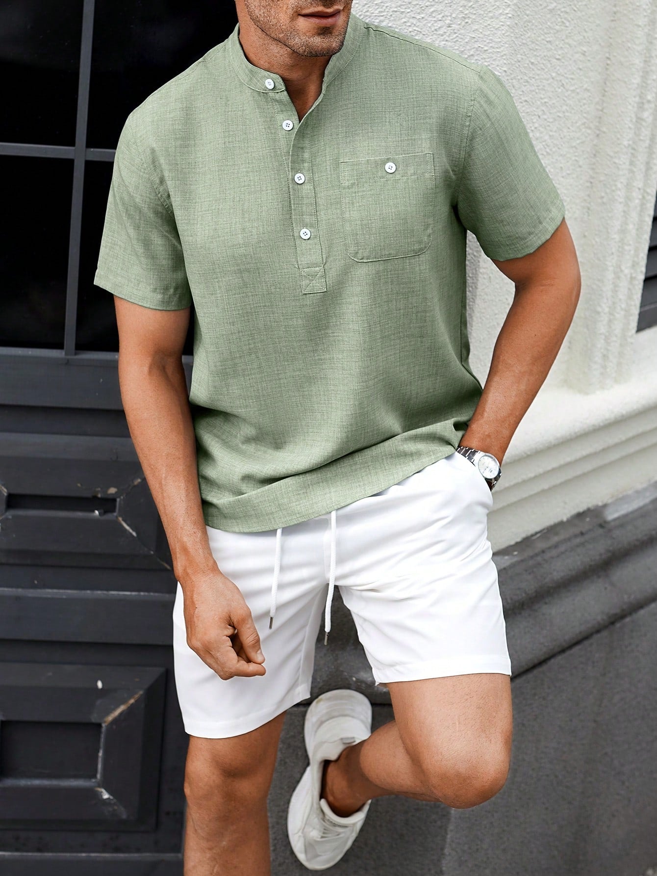 Conjunto Masculino Camisa Manga Curta E Shorts Com Bolso Verde / PP Conjunto Masculino Camisa Manga Curta E Shorts Com