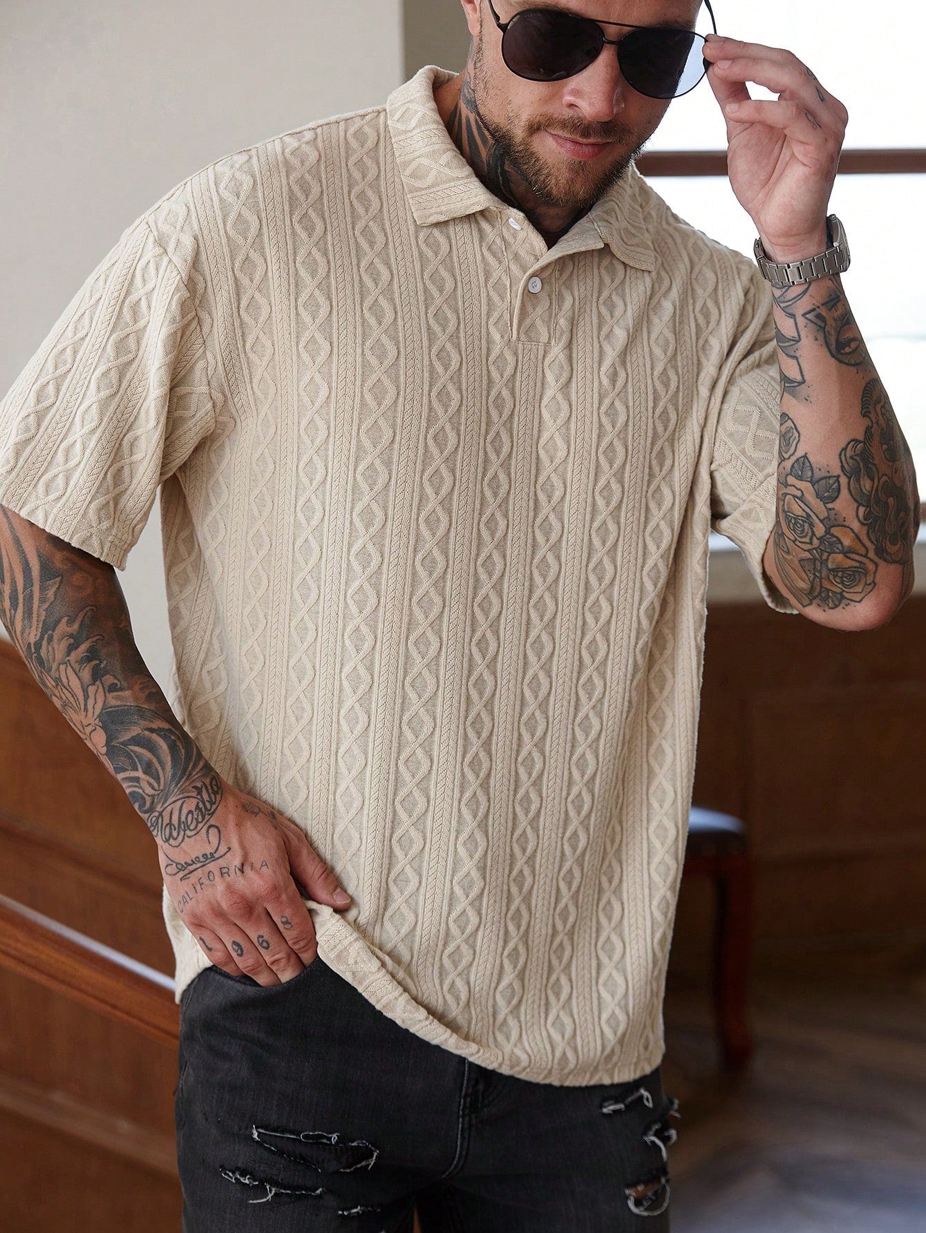 Camisa Polo Masculina Oversized Trama Estilizada Conforto Damasco / PP Camisa Polo Masculina Oversized Trama Estilizada