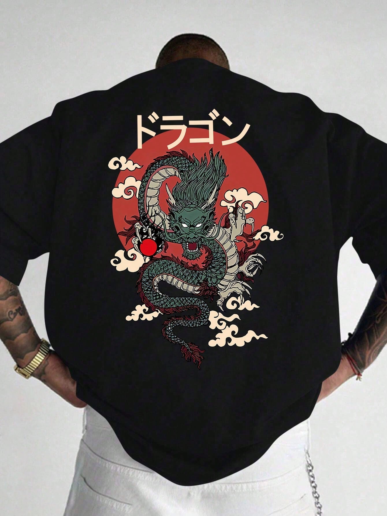 Camiseta Masculina Oversized Estampa De Dragão Oriental Preto / PP Camiseta Masculina Oversized Estampa De Dragão