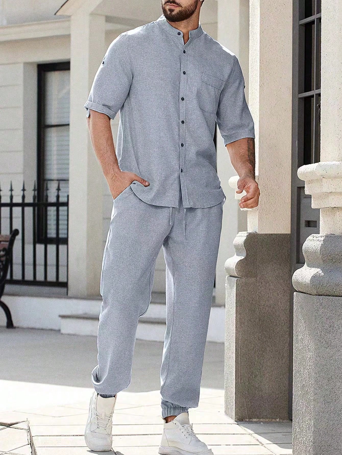 Conjunto Masculino Camisa Oversized E Calça Casual Minimalista Azul Empoeirado / PP Conjunto Masculino Camisa Oversized