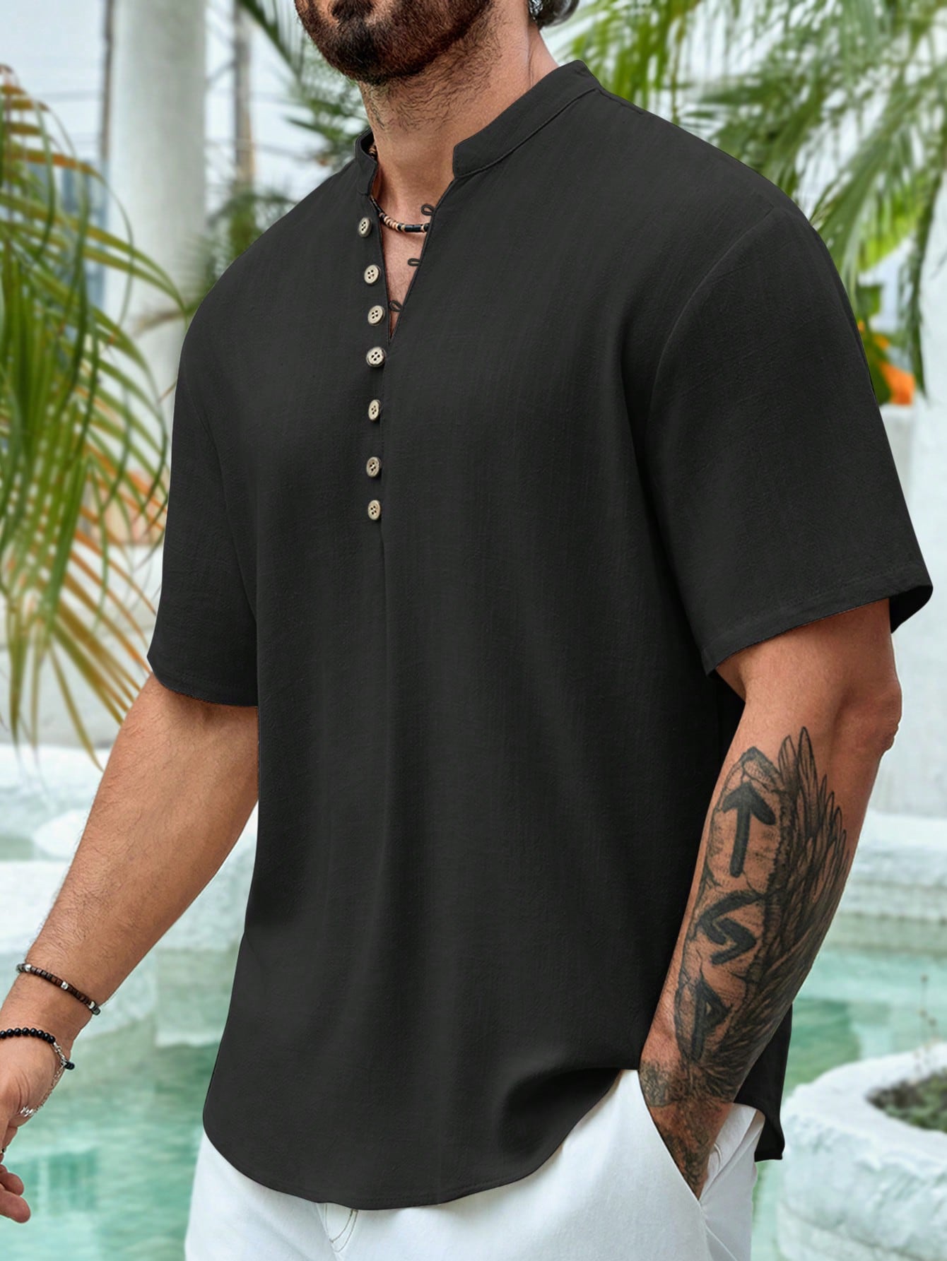 Camisa Masculina Gola Padre Botões Laterais Caimento Leve Camisa Masculina Gola Padre Botões Laterais Caimento Leve