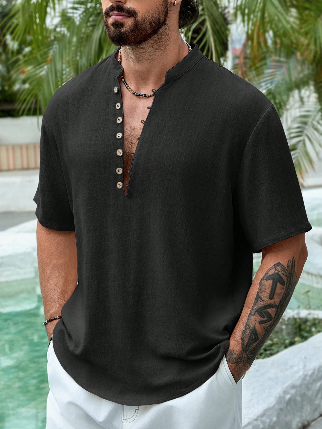 Camisa Masculina Gola Padre Botões Laterais Caimento Leve Preto / PP Camisa Masculina Gola Padre Botões Laterais