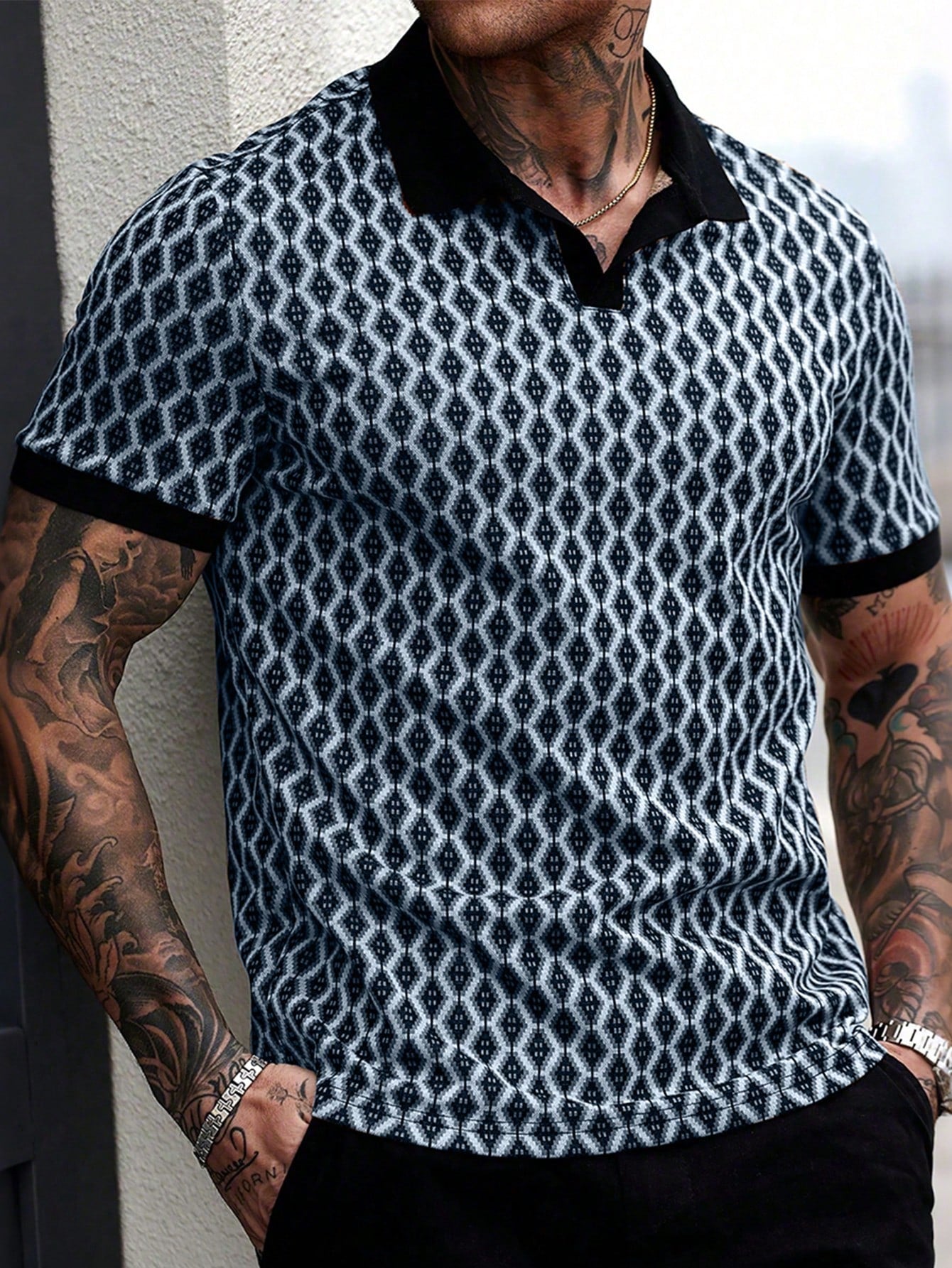 Camisa Polo Masculina Tecido Jacquard Estampa Geométrica Camisa Polo Masculina Tecido Jacquard Estampa Geométrica