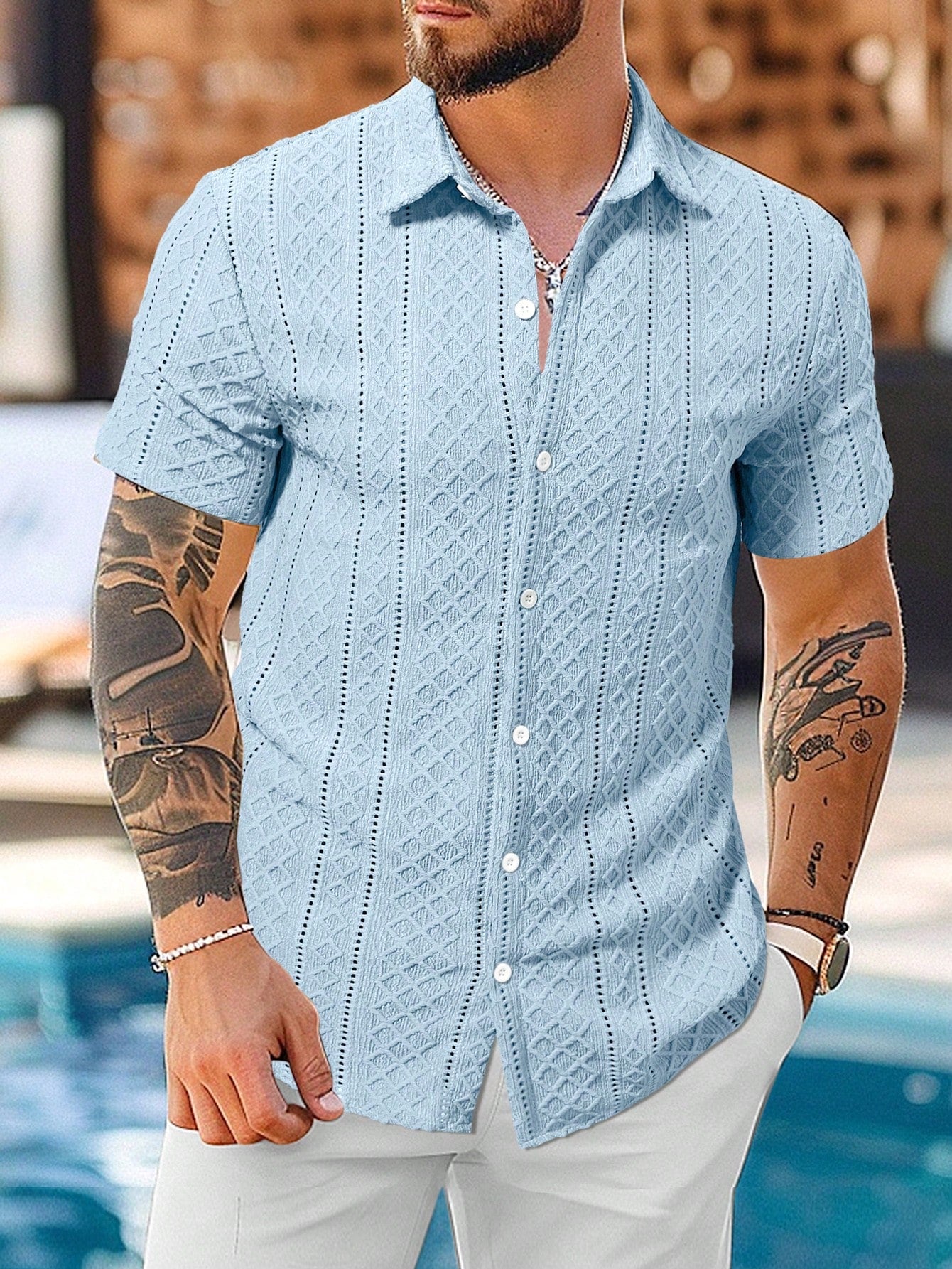 Camisa Masculina De Botão Textura Geométrica Azul / PP Camisa Masculina De Botão Textura Geométrica