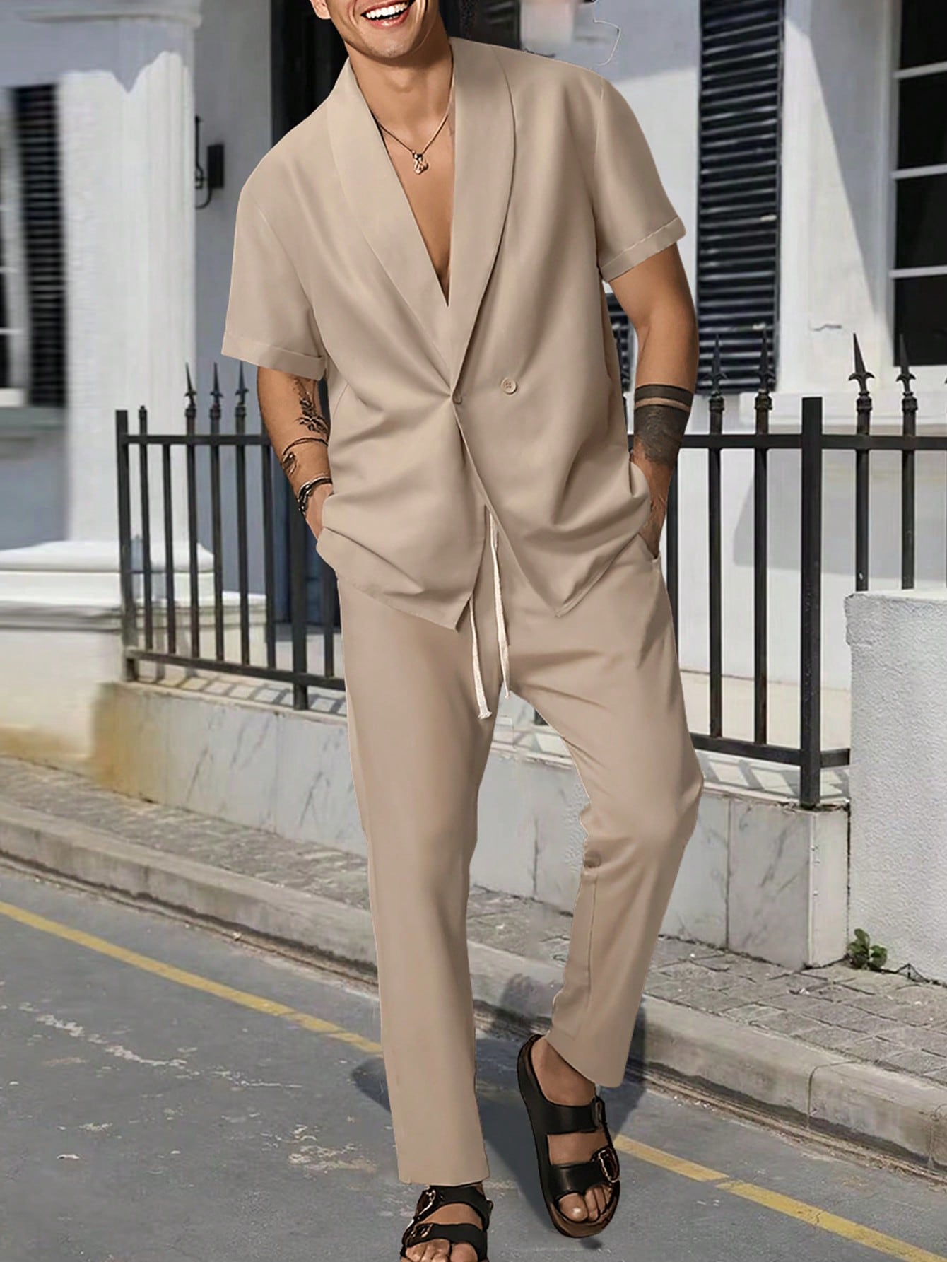 Conjunto Masculino Camisa Lisa Manga Curta E Calça Casual Caqui / PP Conjunto Masculino Camisa Lisa Manga Curta E Calça