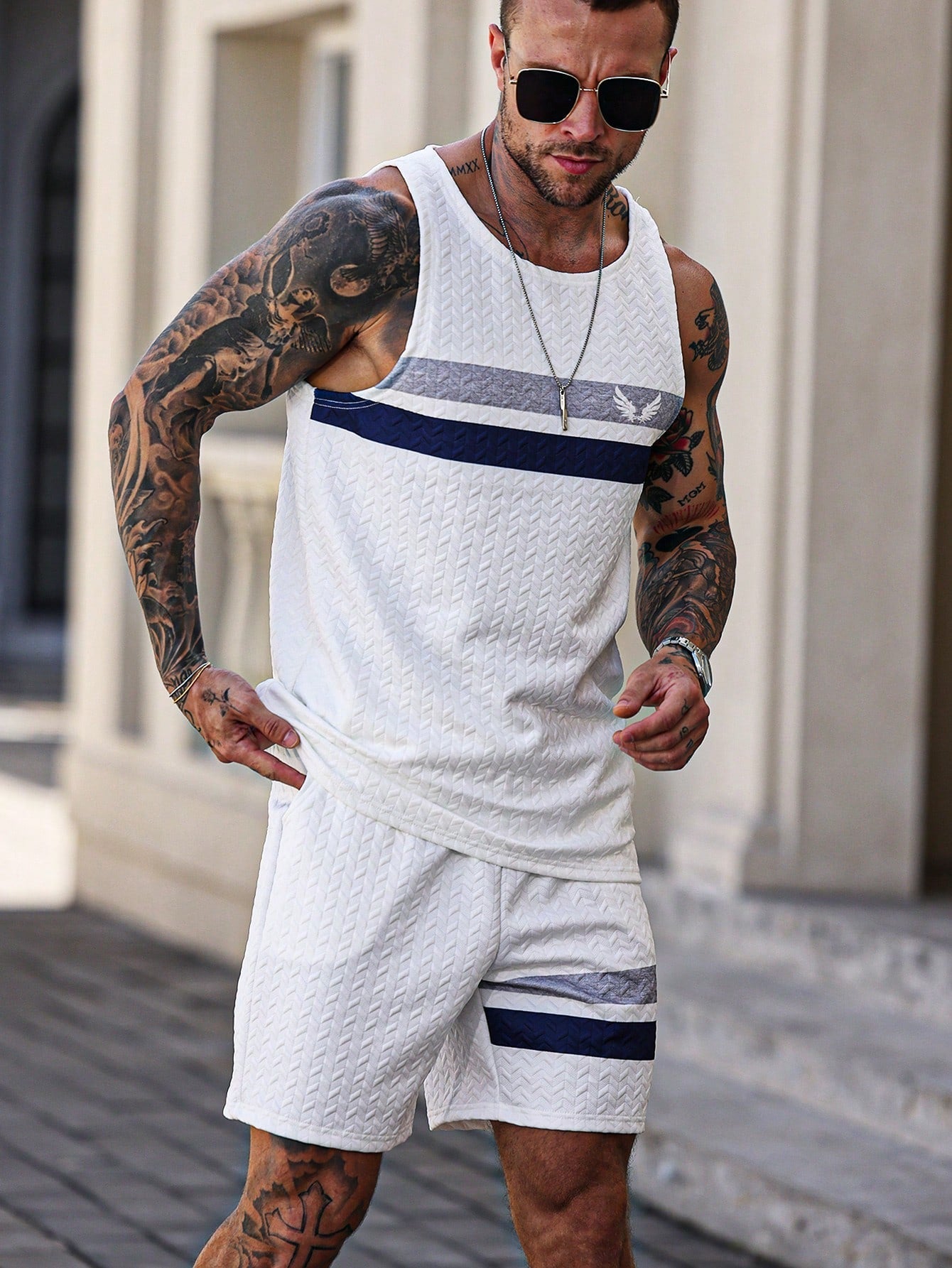 Conjunto Masculino Regata Com Estampa De Asas E Shorts Cós Ajustável Conjunto Masculino Regata Com Estampa De Asas E