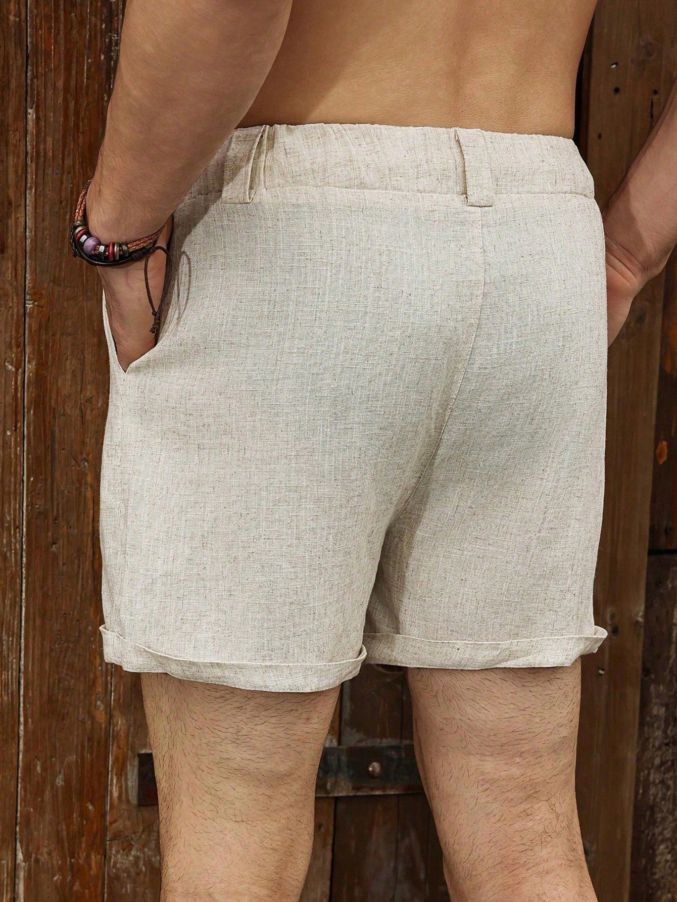 Shorts Masculino Casual Com Cós Elástico E Cordão Estilo Rústico Shorts Masculino Casual Com Cós Elástico E Cordão