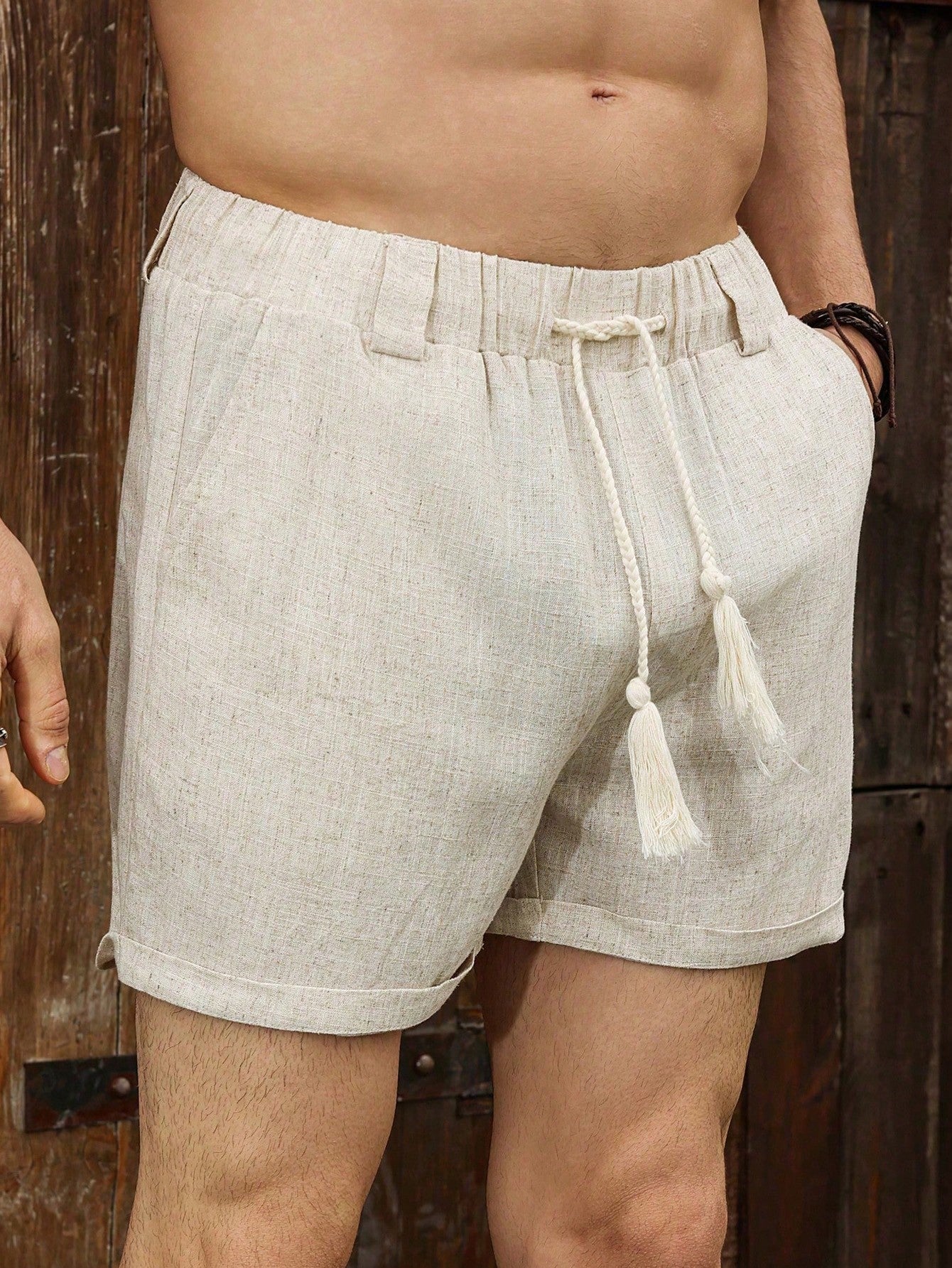 Shorts Masculino Casual Com Cós Elástico E Cordão Estilo Rústico Shorts Masculino Casual Com Cós Elástico E Cordão