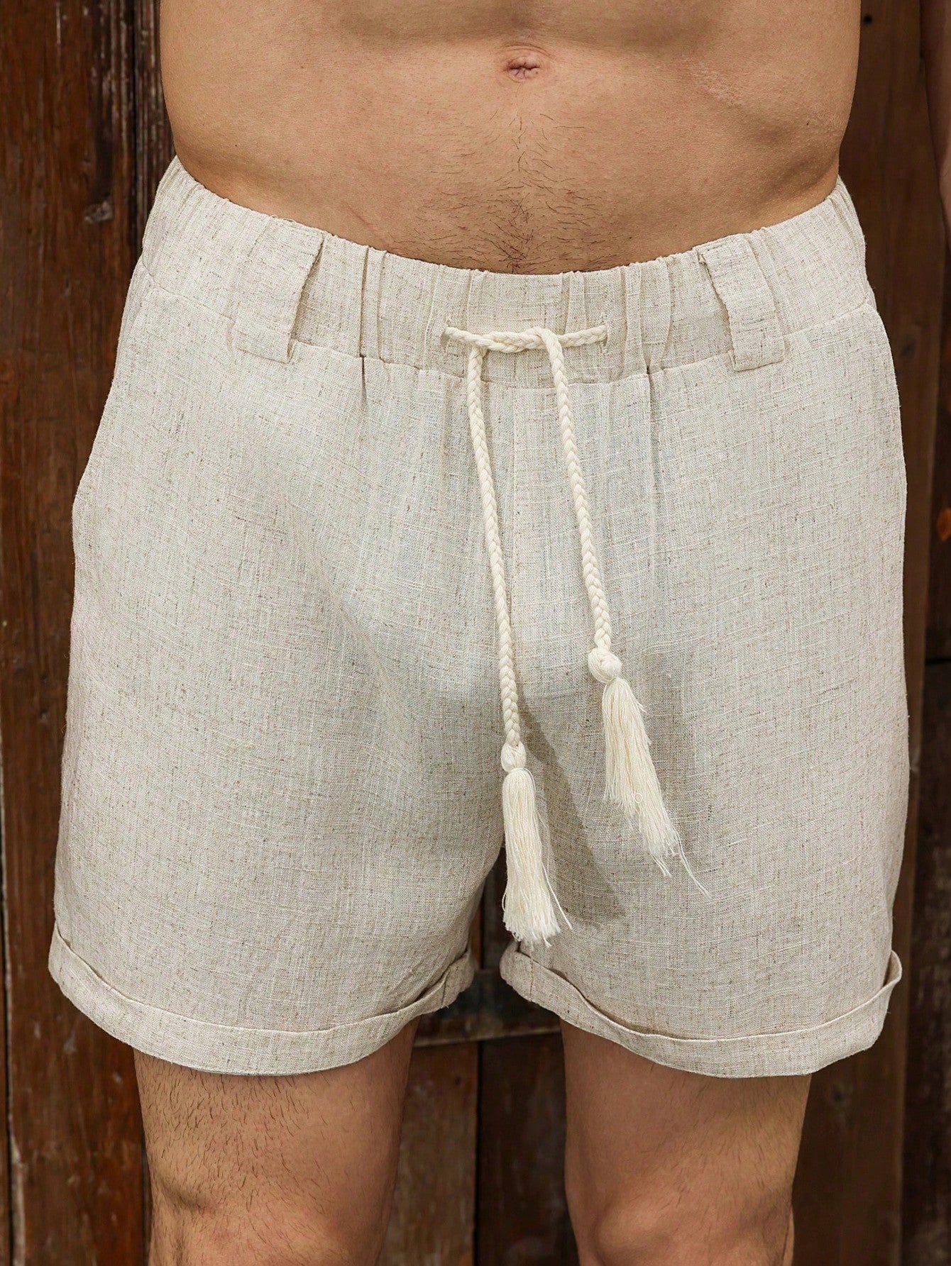 Shorts Masculino Casual Com Cós Elástico E Cordão Estilo Rústico Shorts Masculino Casual Com Cós Elástico E Cordão
