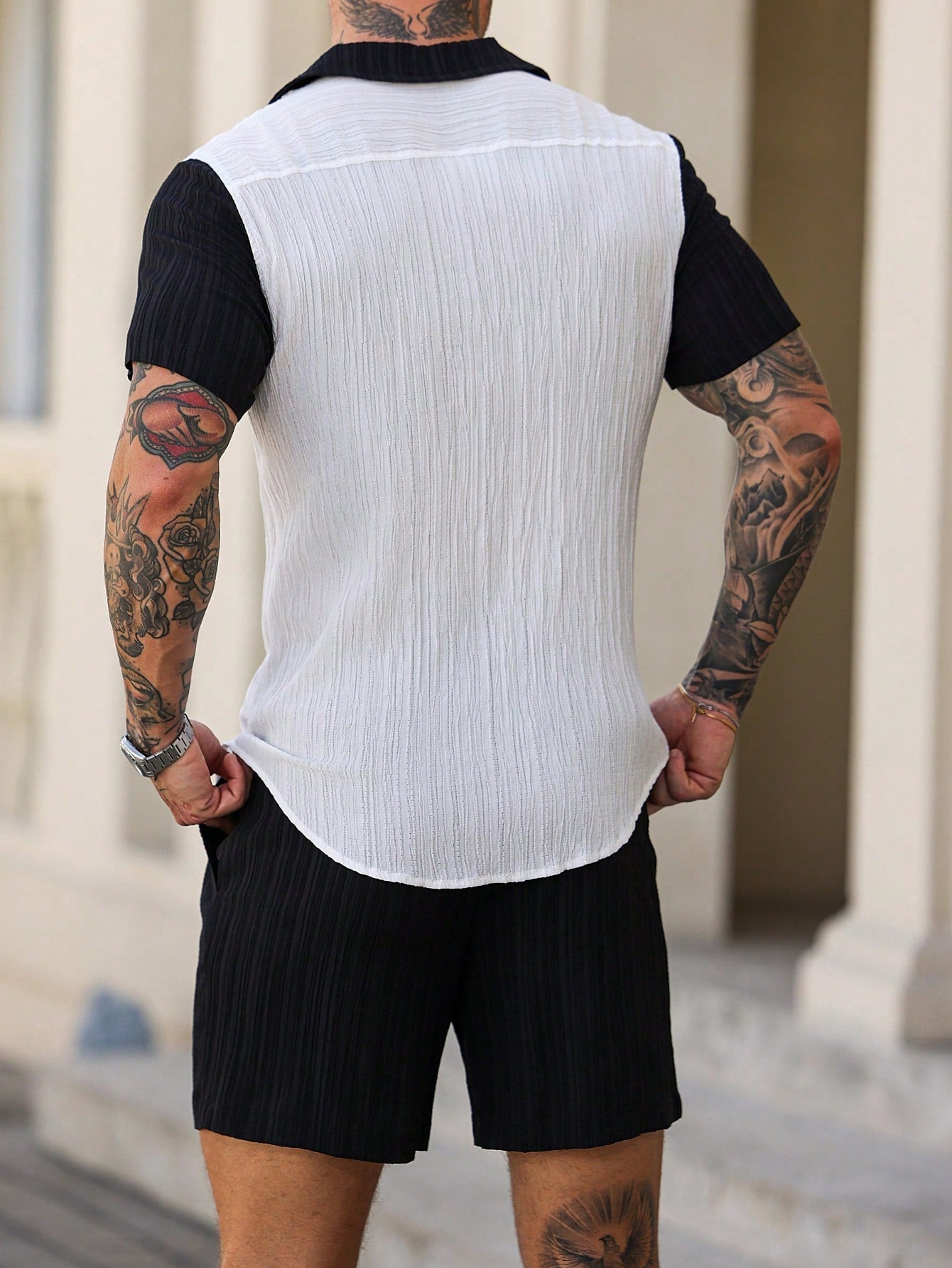 Conjunto Masculino Camisa Patchwork Manga Curta E Shorts Casuais Conjunto Masculino Camisa Patchwork Manga Curta E