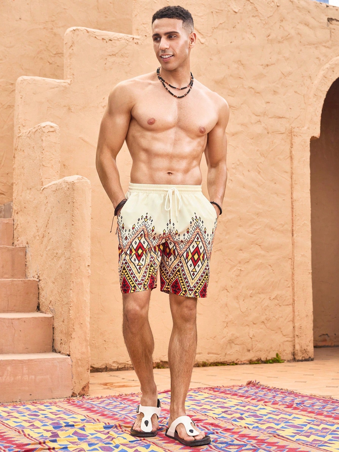 Shorts Masculino Casual Com Tecido Listrado E Cós Ajustável Shorts Masculino Casual Com Tecido Listrado E Cós Ajustável