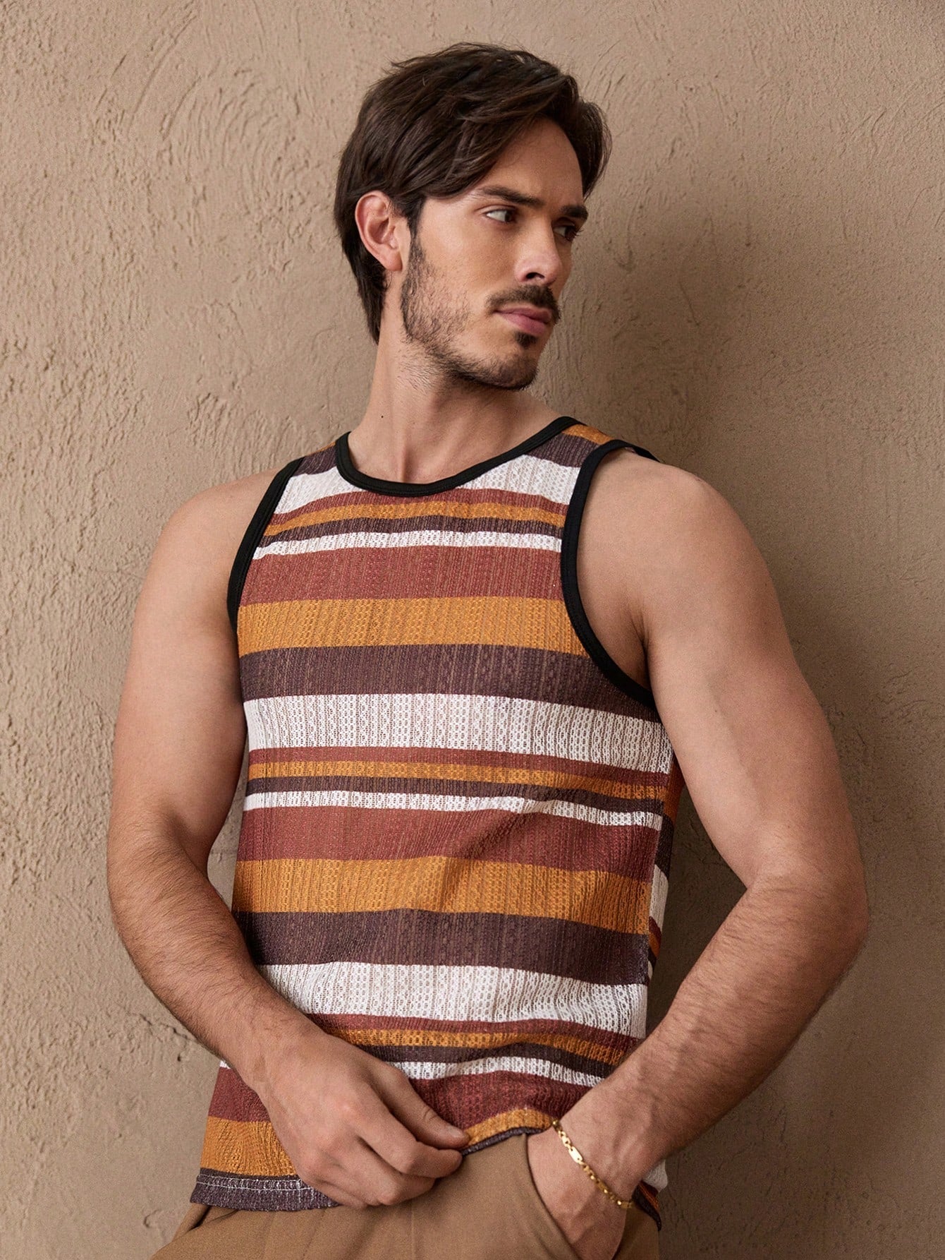 Camiseta Regata Masculina Estampa Listrada Design Colorido Marrom / PP Camiseta Regata Masculina Estampa Listrada