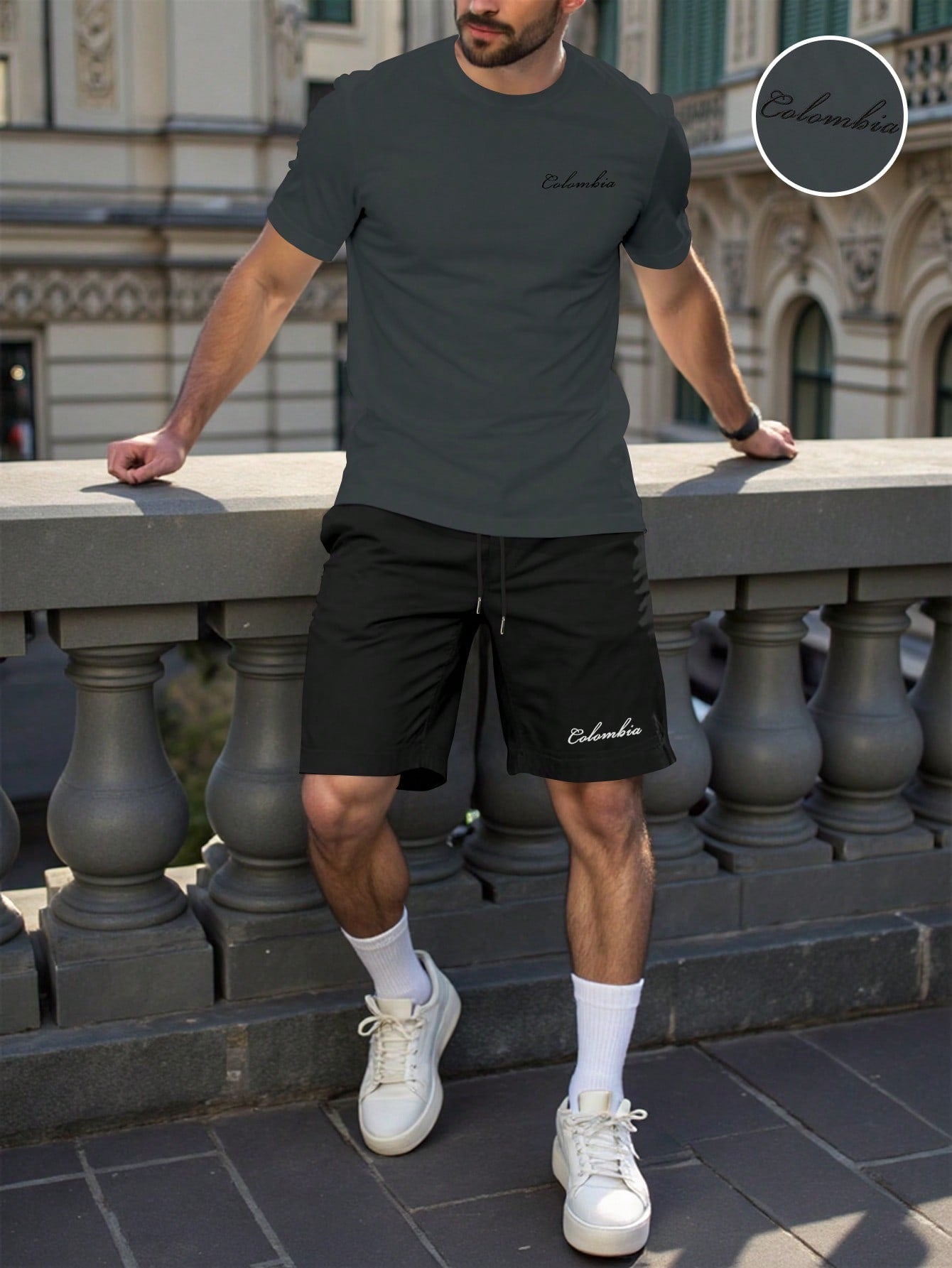 Conjunto Masculino Camiseta Casual E Shorts Com Cós Ajustável Preto / PP Conjunto Masculino Camiseta Casual E Shorts