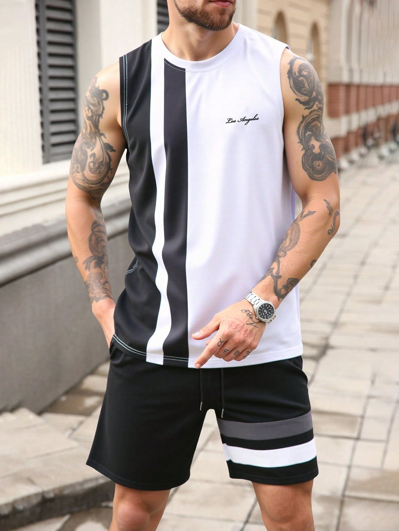 Conjunto Masculino Regata Estampada E Shorts Ajustáveis Preto / PP Conjunto Masculino Regata Estampada E Shorts