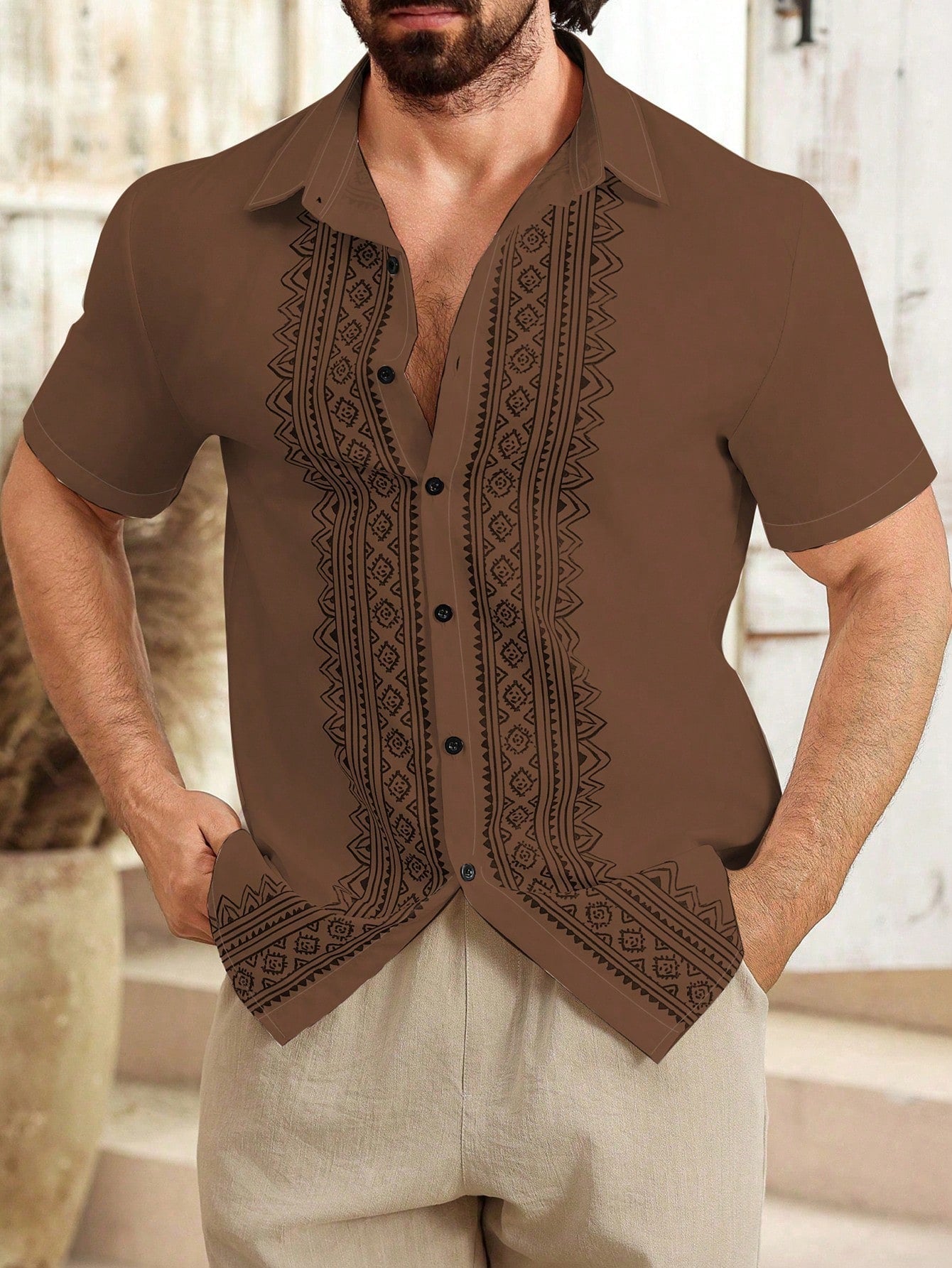 Camisa Masculina De Botão Bordado Étnico Estilo Refinado Camisa Masculina De Botão Bordado Étnico Estilo Refinado
