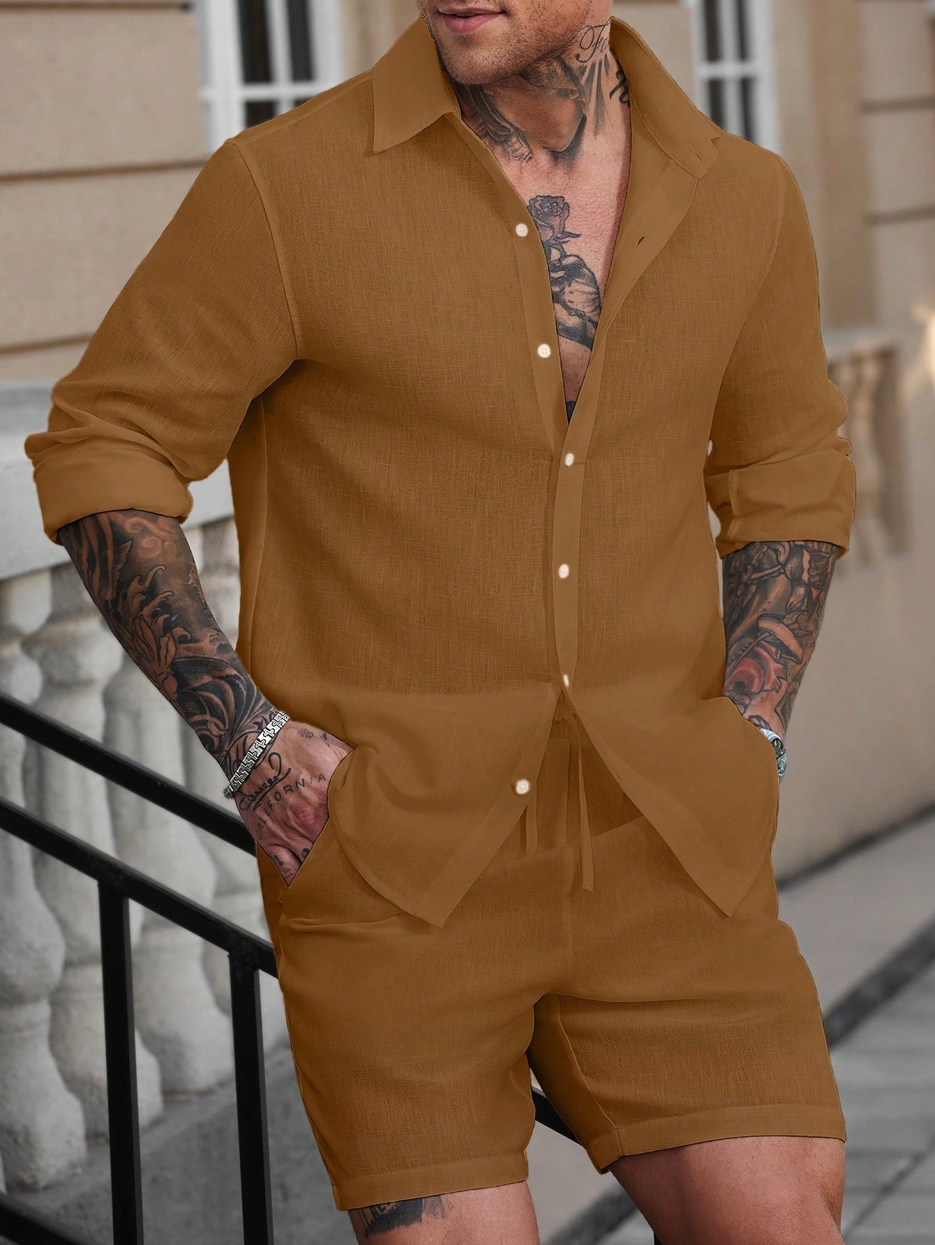 Conjunto Masculino Camisa Manga Longa Botões Simples E Shorts Casual Marrom / PP Conjunto Masculino Camisa Manga Longa