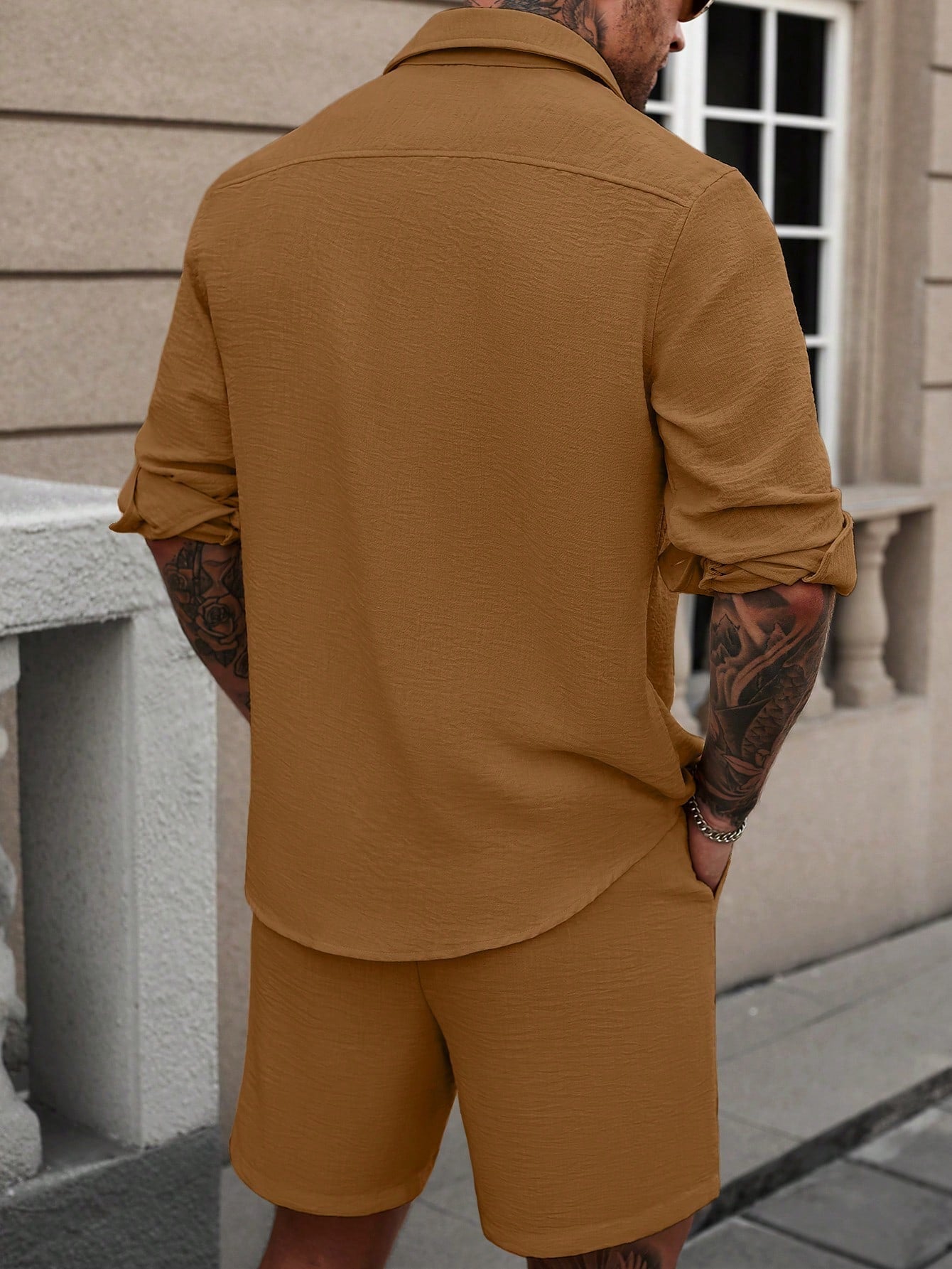 Conjunto Masculino Camisa Manga Longa Botões Simples E Shorts Casual Conjunto Masculino Camisa Manga Longa Botões