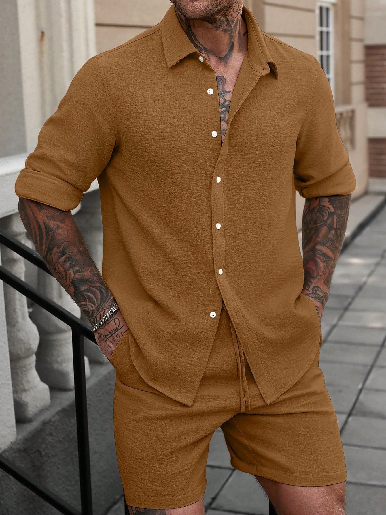 Conjunto Masculino Camisa Manga Longa Botões Simples E Shorts Casual Conjunto Masculino Camisa Manga Longa Botões