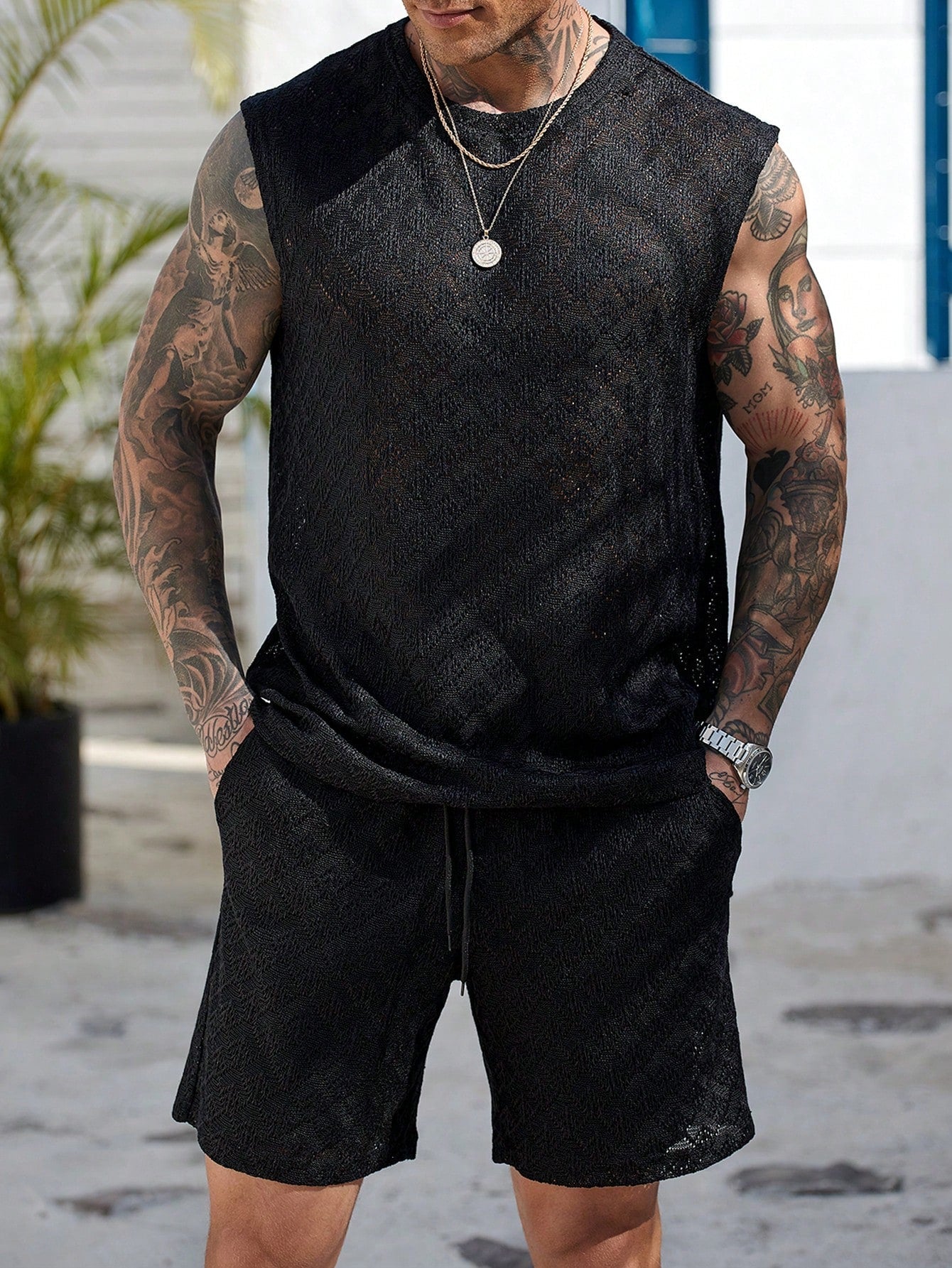 Conjunto Masculino Regata Malha Gola Redonda E Shorts Ajustável Preto / PP Conjunto Masculino Regata Malha Gola Redonda