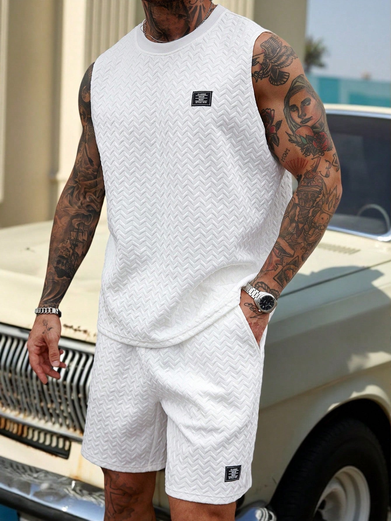 Conjunto Masculino Regata Com Letras Texturizadas E Shorts Cós Ajustável Conjunto Masculino Regata Com Letras