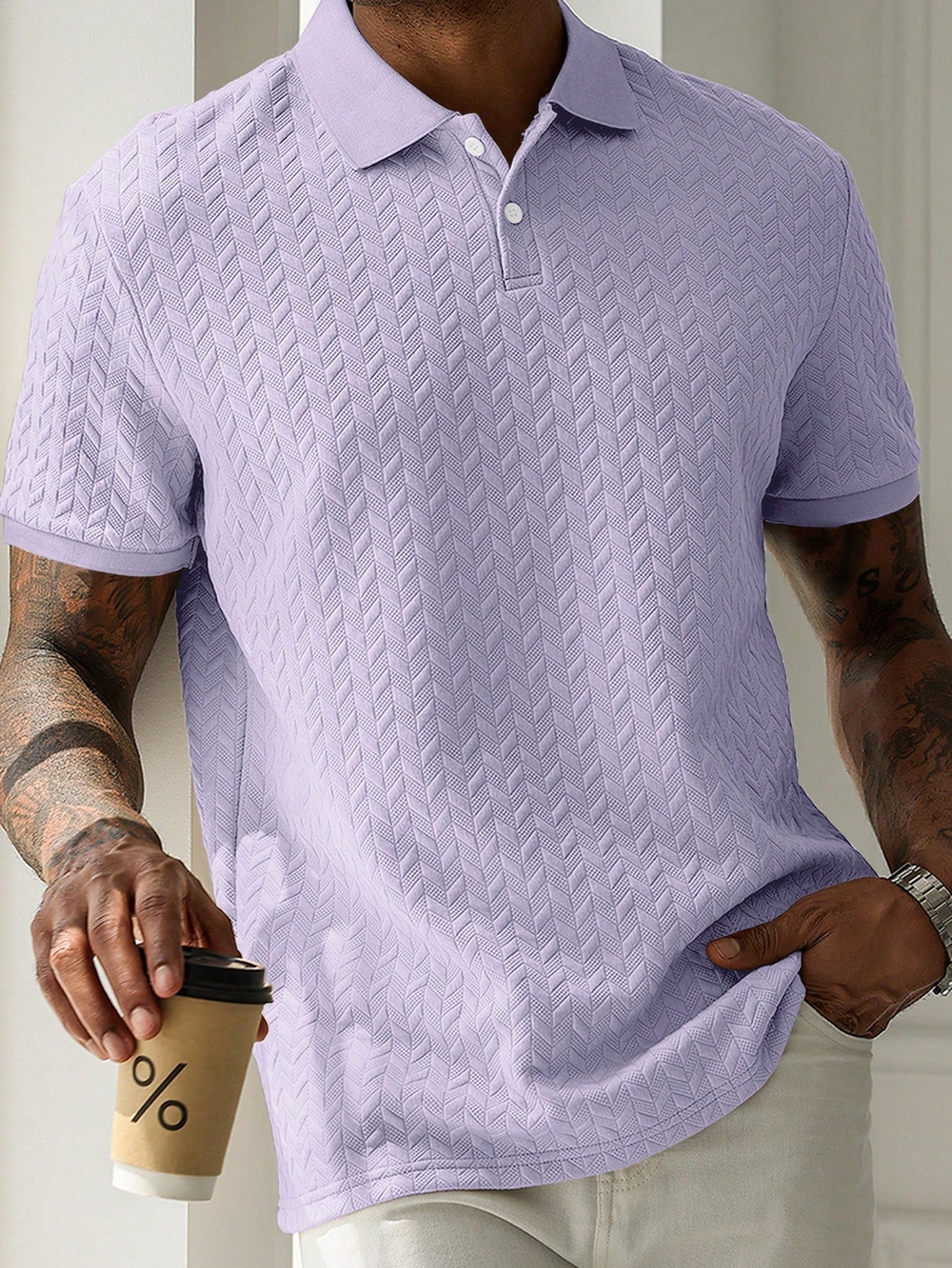 Camisa Polo Masculina Estampa Geométrica Tecido Jacquard Malva / PP Camisa Polo Masculina Estampa Geométrica Tecido