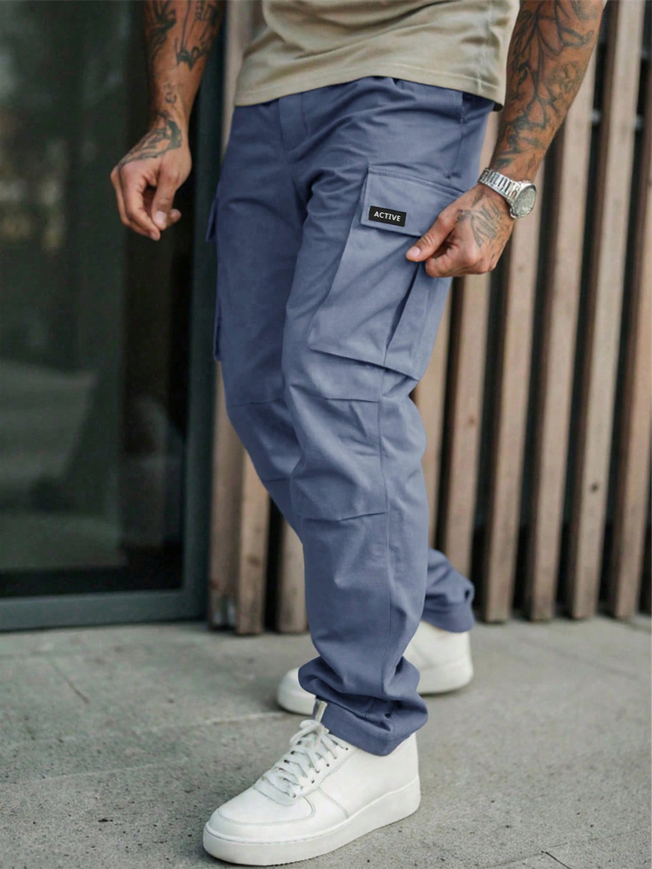 Calça Masculina Cargo Slim Com Bolsos Funcionais Azul Empoeirado / PP Calça Masculina Cargo Slim Com Bolsos Funcionais