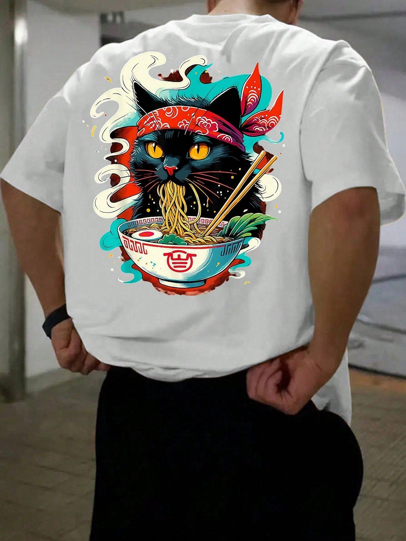 Camiseta Masculina Estampa De Gato Oriental Macarrão Branco / PP Camiseta Masculina Estampa De Gato Oriental Macarrão