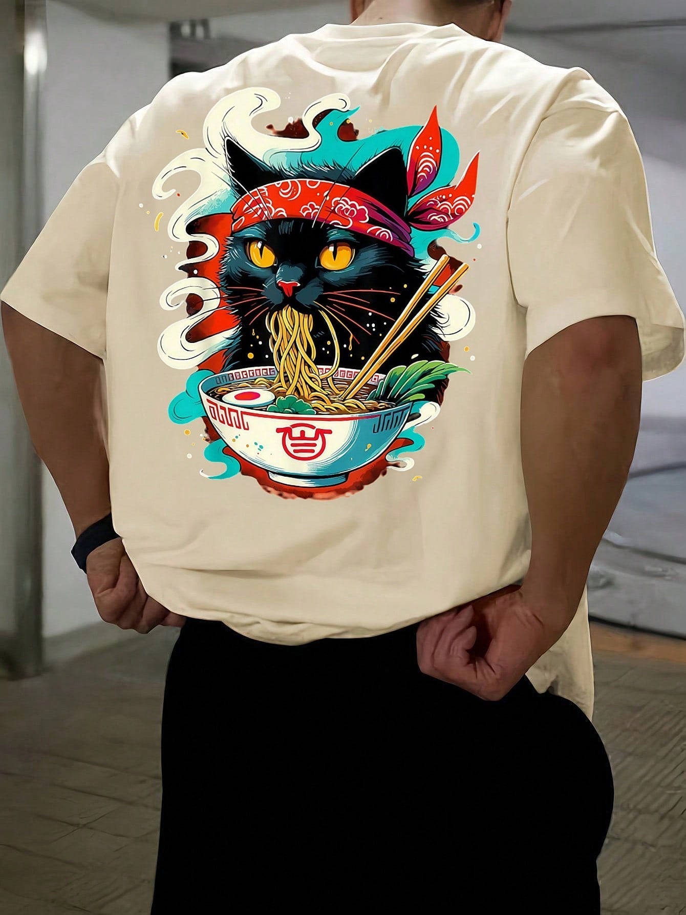 Camiseta Masculina Estampa De Gato Oriental Macarrão Damasco / PP Camiseta Masculina Estampa De Gato Oriental Macarrão