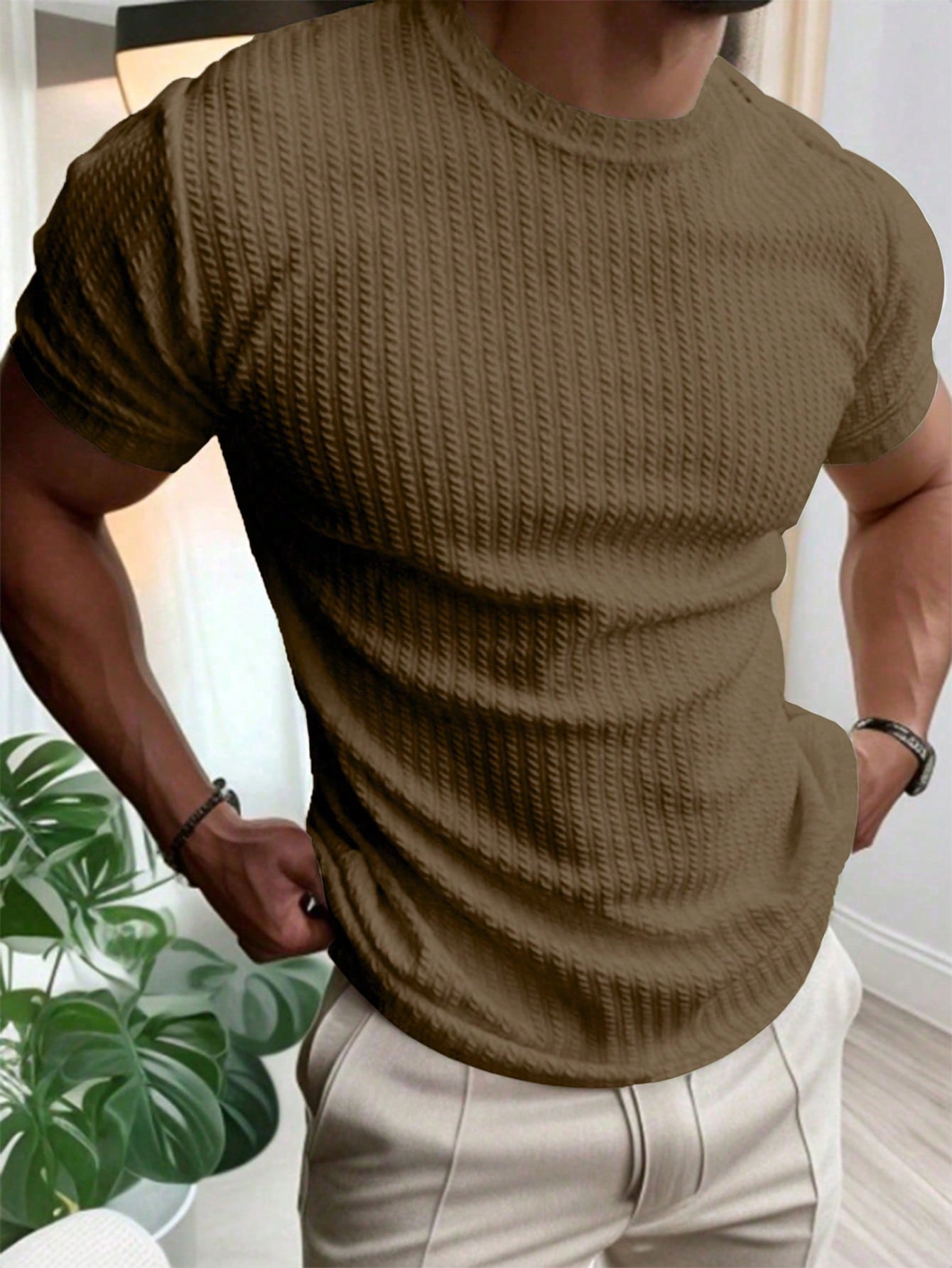 Camisa Masculina Slim Textura Elegante Caimento Perfeito Caqui / PP Camisa Masculina Slim Textura Elegante Caimento