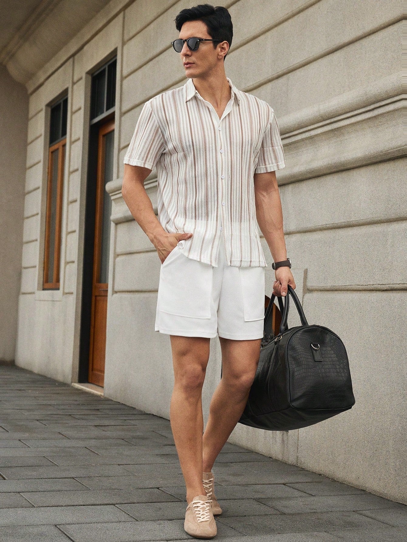 Shorts Masculino Cargo Com Bolsos Frontais E Cintura Ajustável Shorts Masculino Cargo Com Bolsos Frontais E Cintura