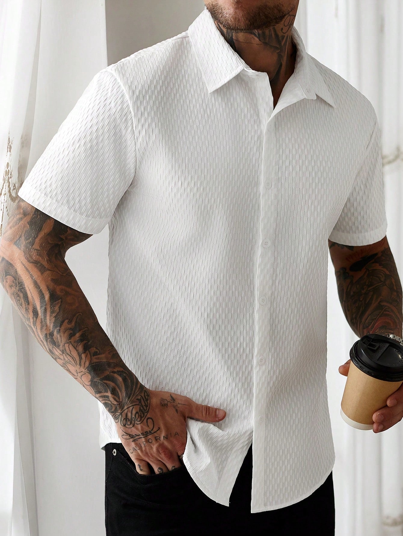 Camisa Masculina De Botão Textura Diamante Estilo Sofisticado Branco / PP Camisa Masculina De Botão Textura Diamante