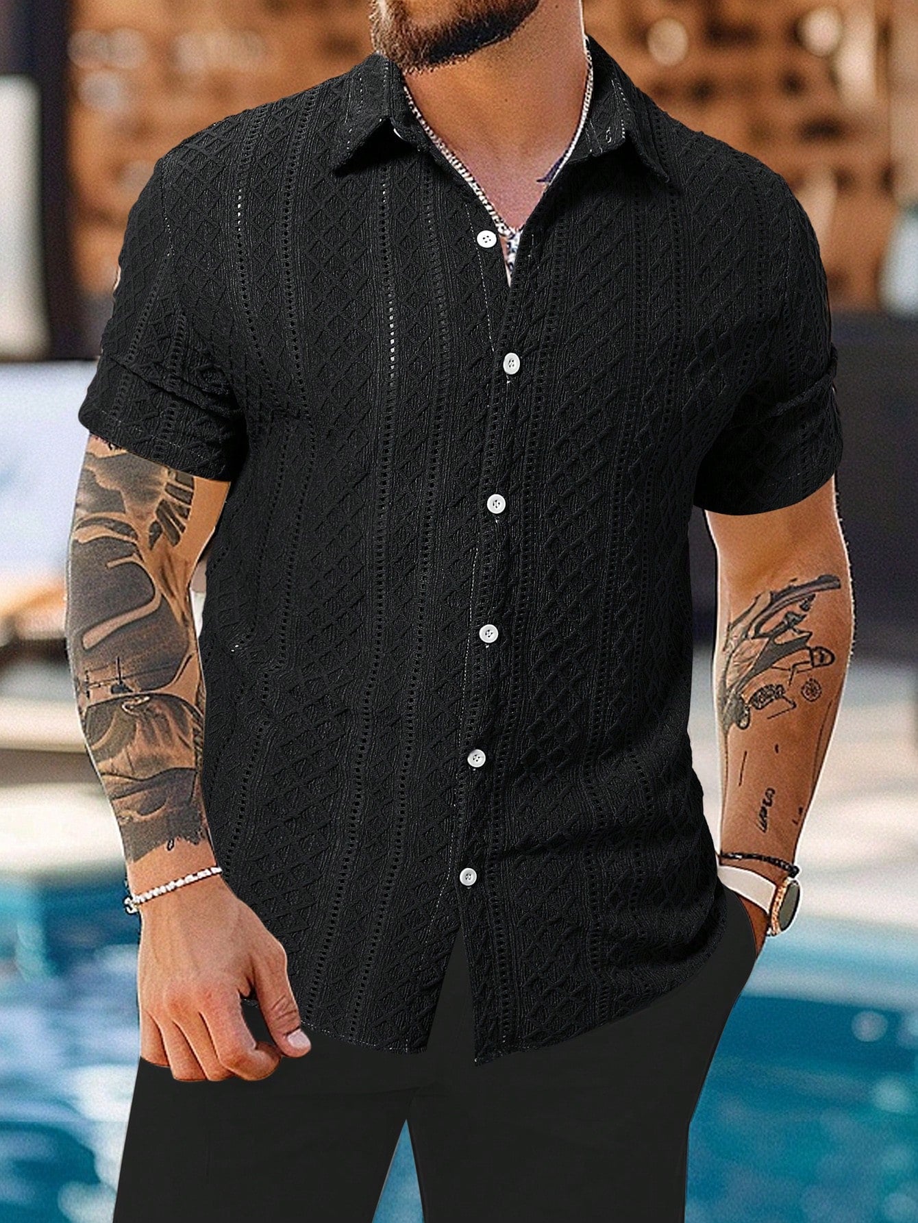 Camisa Masculina De Botão Textura Geométrica Preto / PP Camisa Masculina De Botão Textura Geométrica