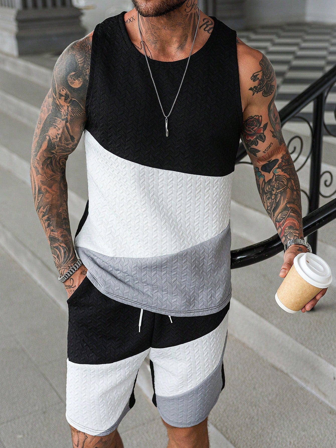 Conjunto Masculino Regata Color Block Tricolor E Shorts Cós Ajustável Conjunto Masculino Regata Color Block Tricolor E