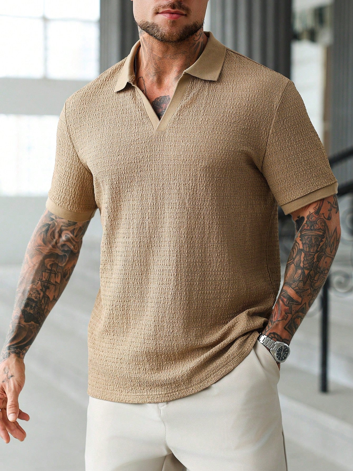 Camisa Polo Masculina Gola Aberta Textura Sofisticada Damasco / PP Camisa Polo Masculina Gola Aberta Textura Sofisticada