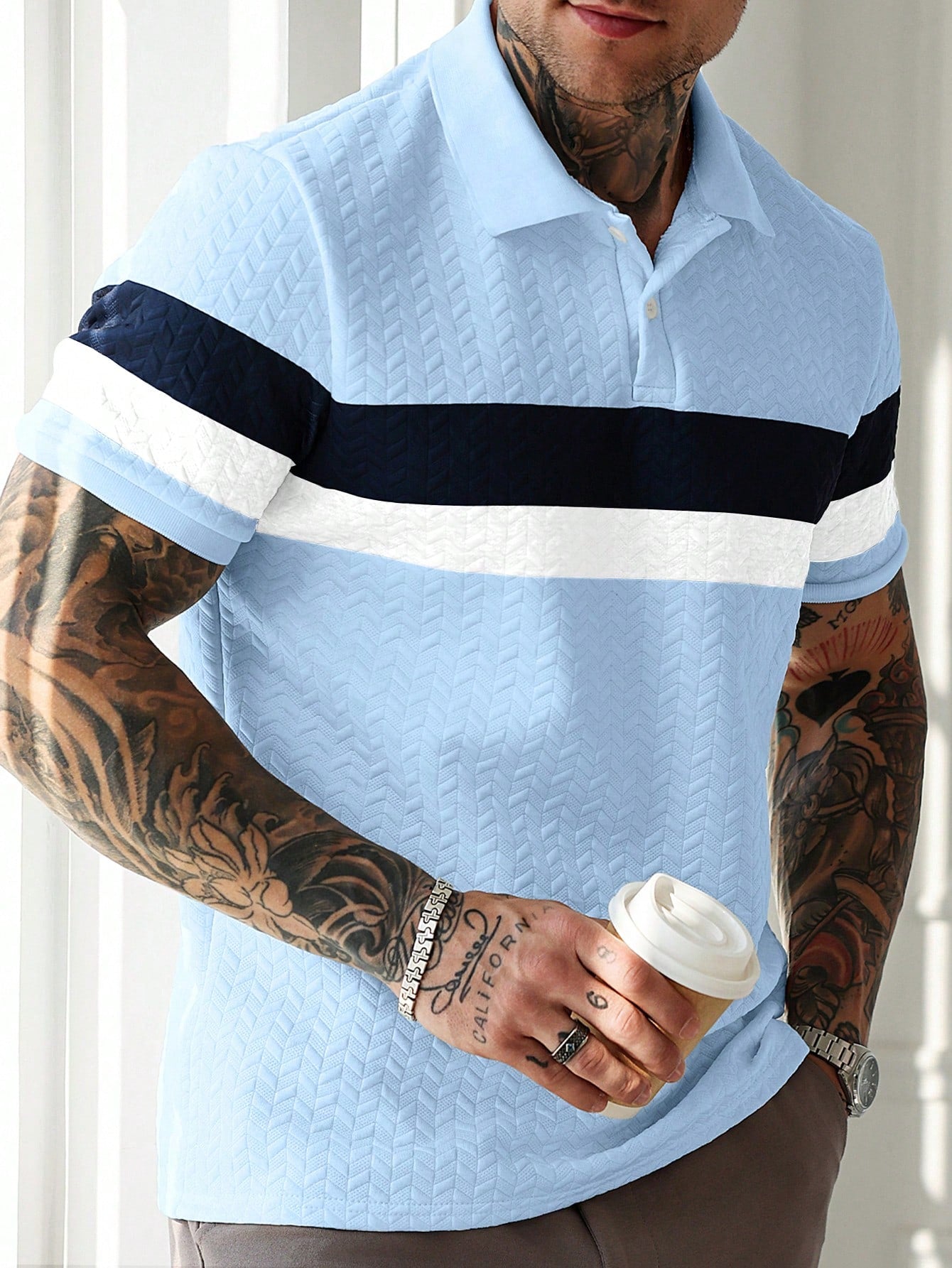 Camisa Polo Masculina Texturizada Listras Elegantes Azul Bebê / PP Camisa Polo Masculina Texturizada Listras Elegantes