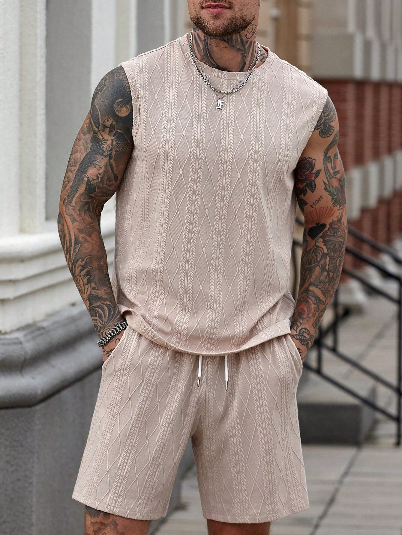Conjunto Masculino Regata Texturizada Geométrica E Shorts Cós Ajustável Damasco / PP Conjunto Masculino Regata