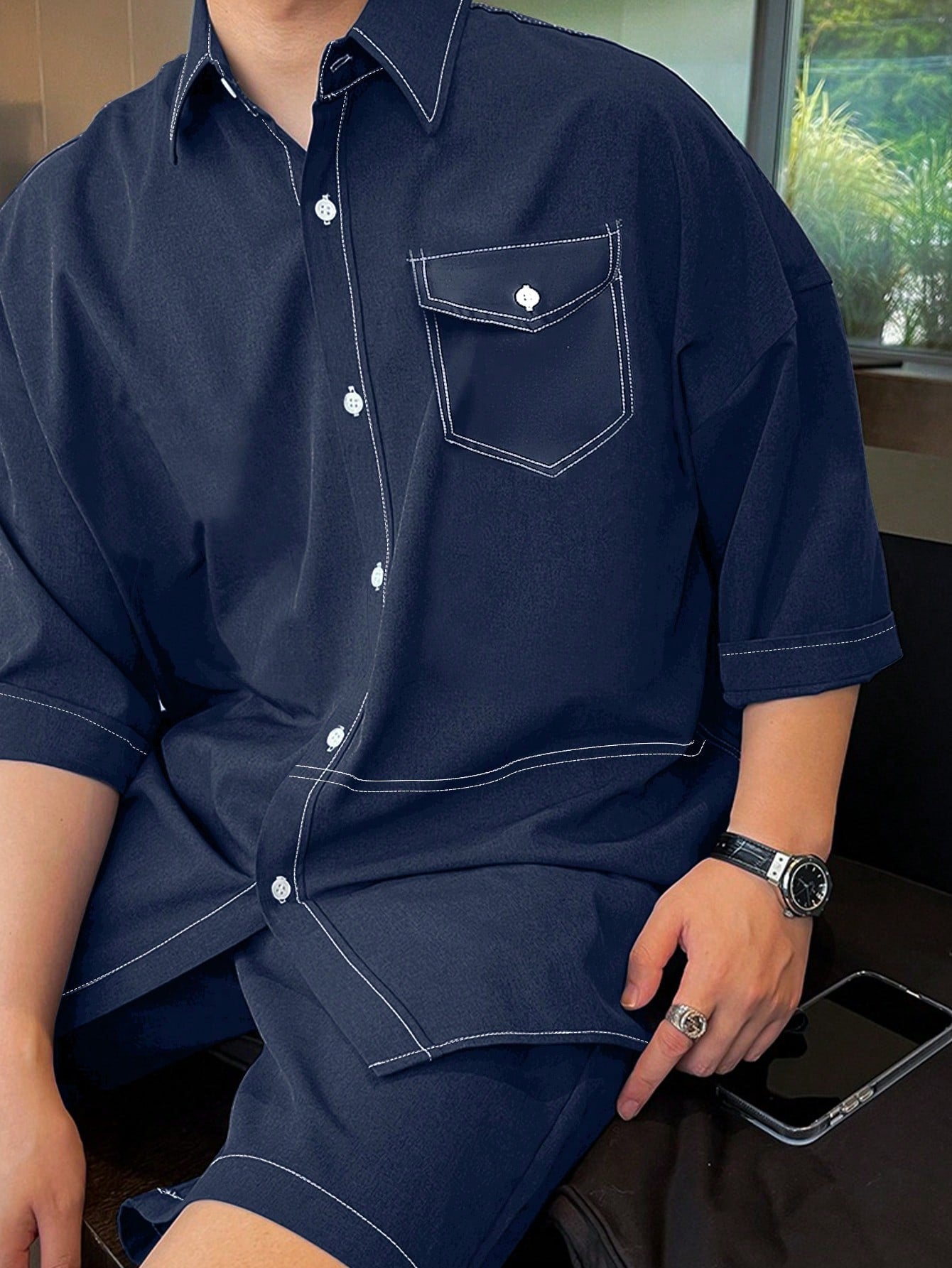 Conjunto Masculino Camisa Botões Frontais E Shorts Com Bolso Azul Marinho / PP Conjunto Masculino Camisa Botões