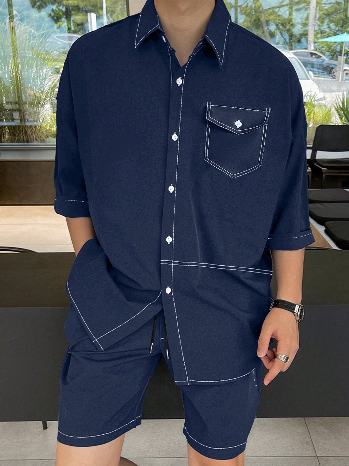 Conjunto Masculino Camisa Botões Frontais E Shorts Com Bolso Conjunto Masculino Camisa Botões Frontais E Shorts Com