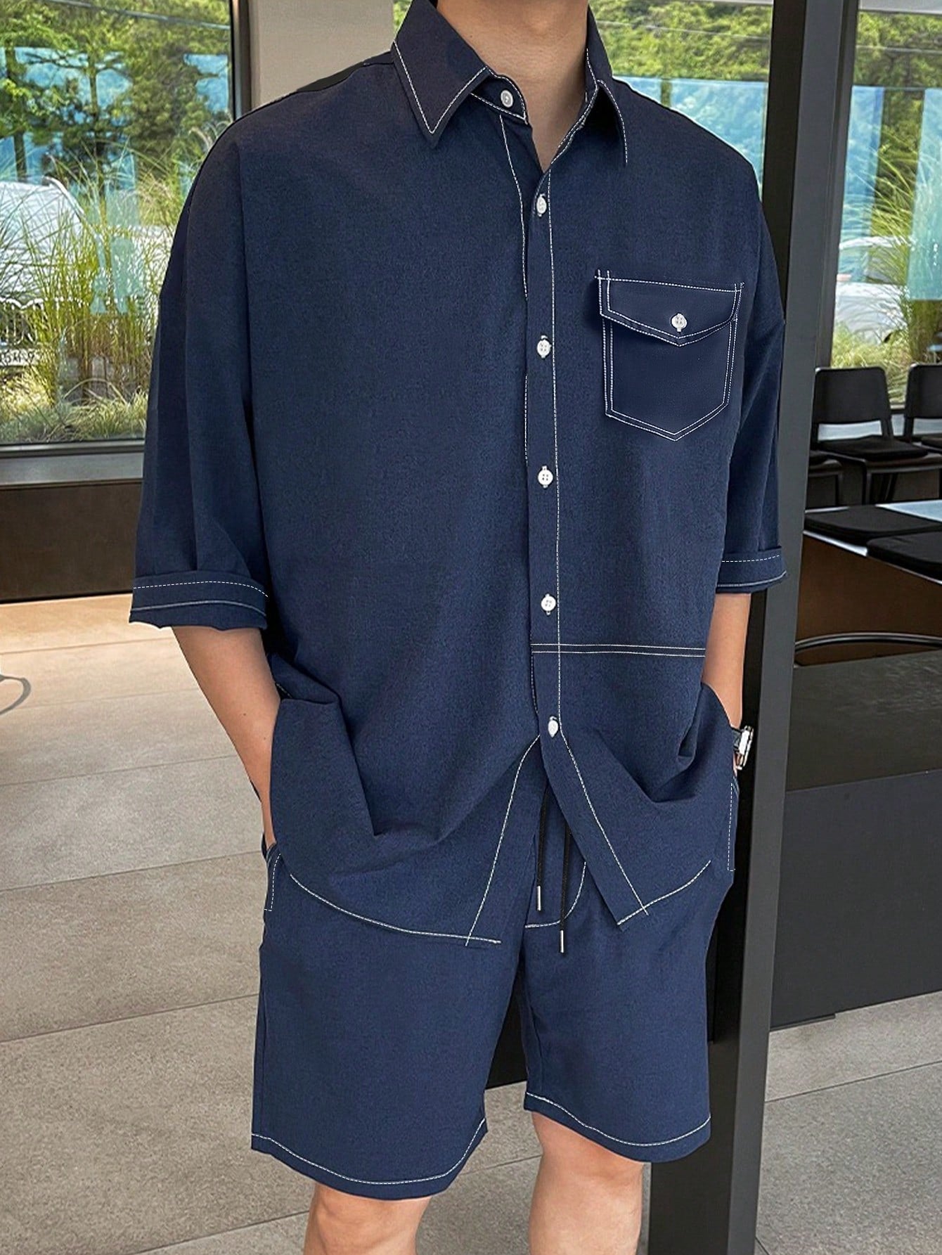 Conjunto Masculino Camisa Botões Frontais E Shorts Com Bolso Conjunto Masculino Camisa Botões Frontais E Shorts Com