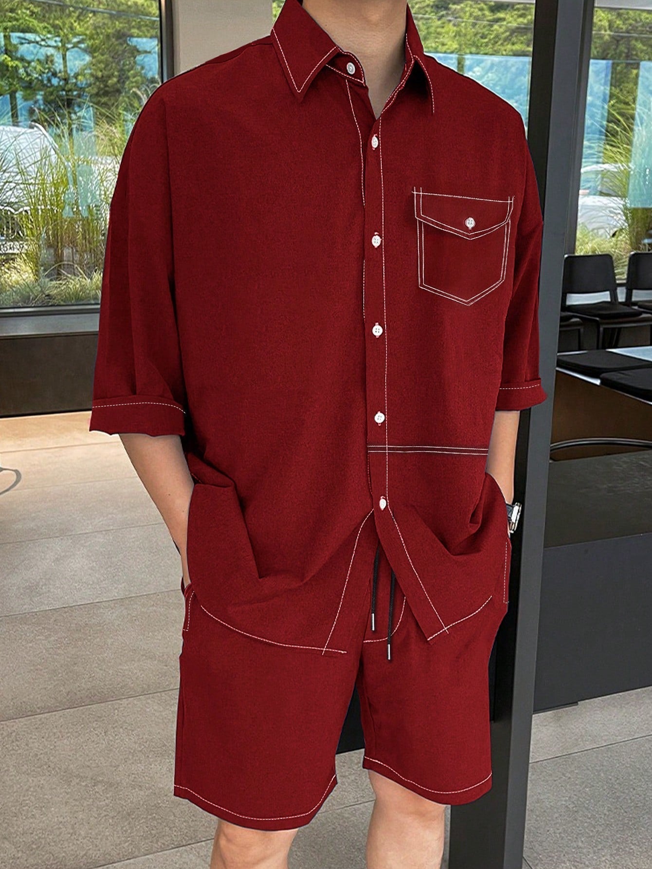 Conjunto Masculino Camisa Botões Frontais E Shorts Com Bolso Conjunto Masculino Camisa Botões Frontais E Shorts Com