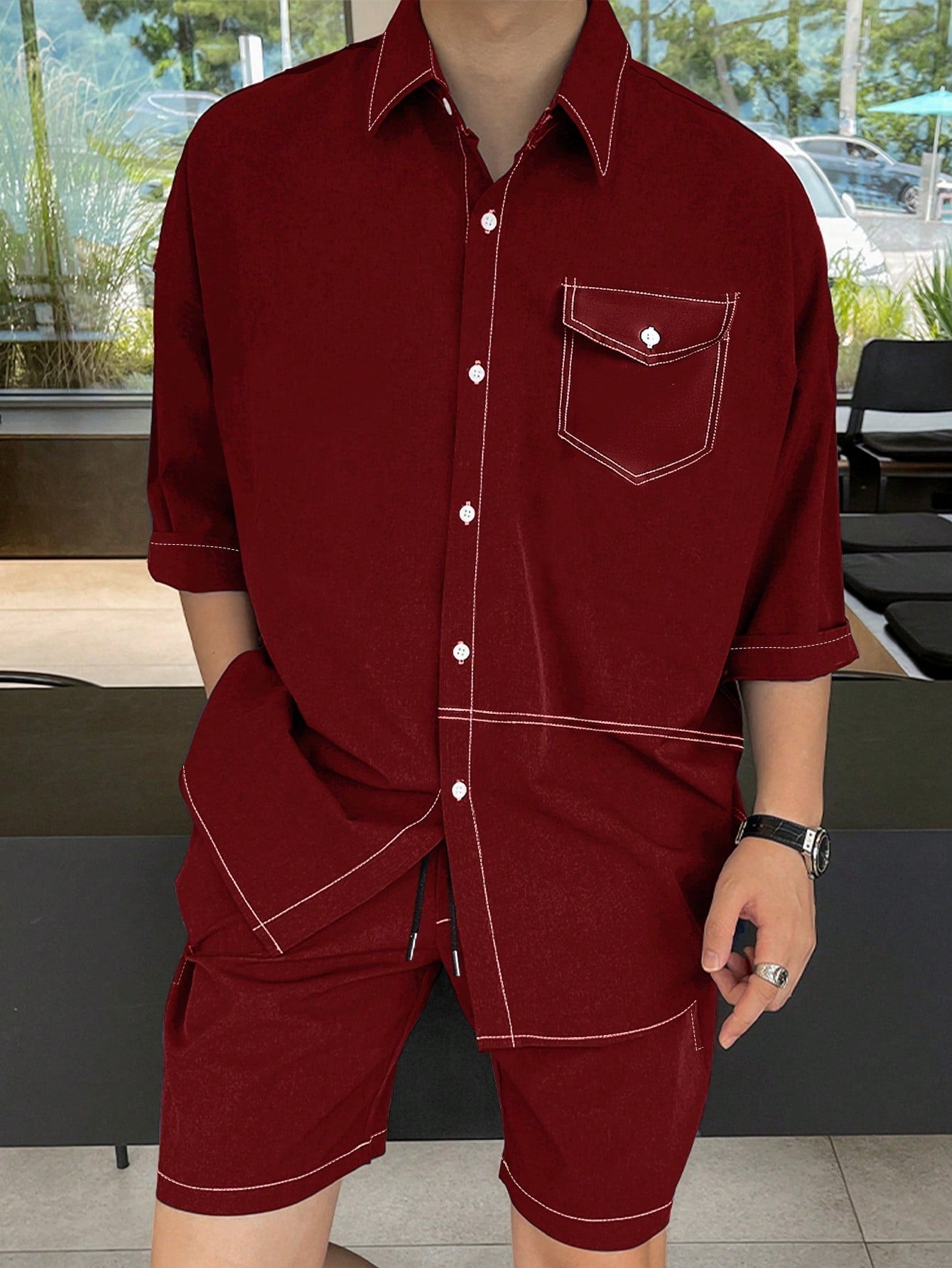 Conjunto Masculino Camisa Botões Frontais E Shorts Com Bolso Conjunto Masculino Camisa Botões Frontais E Shorts Com