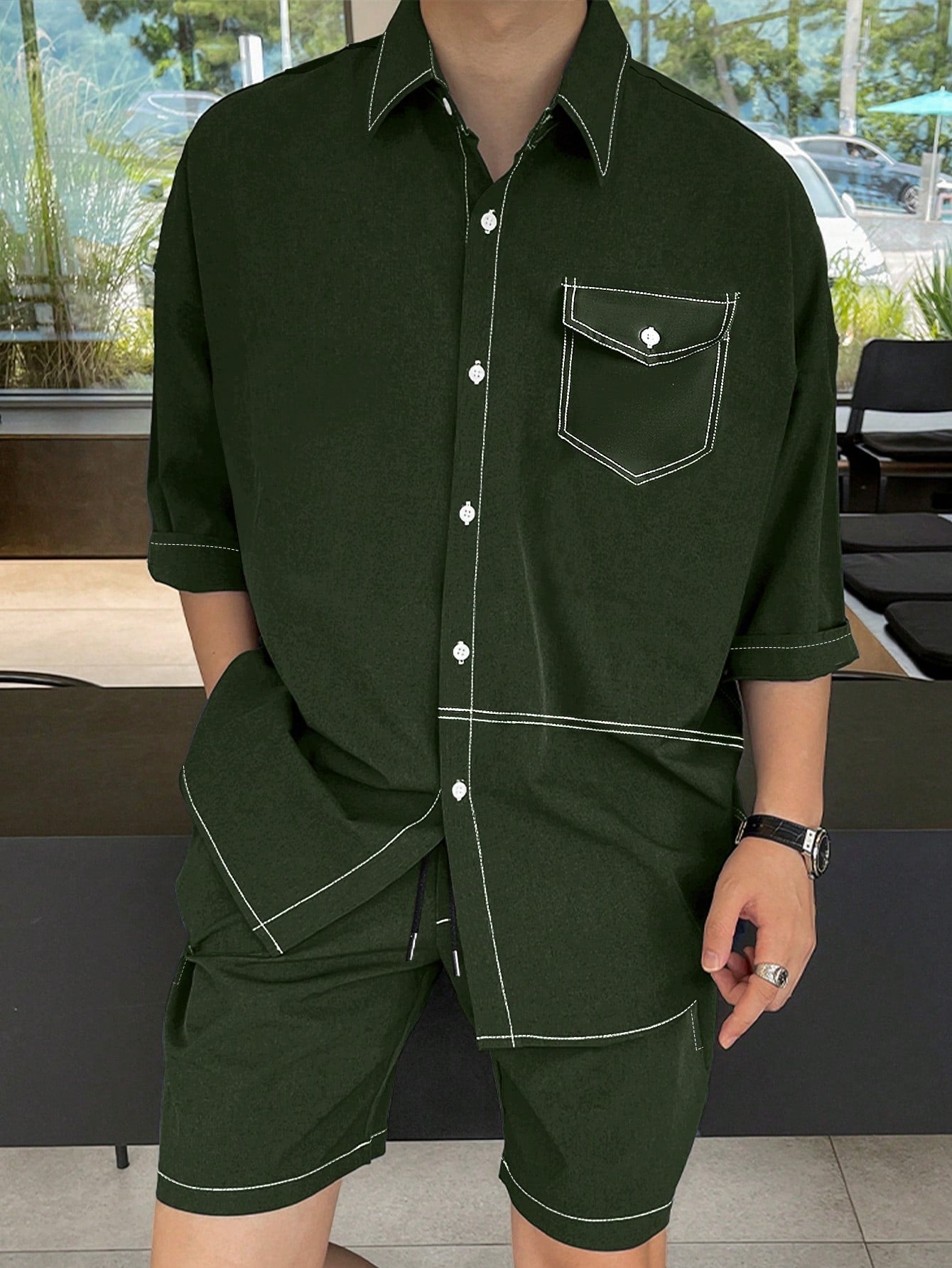 Conjunto Masculino Camisa Botões Frontais E Shorts Com Bolso Conjunto Masculino Camisa Botões Frontais E Shorts Com