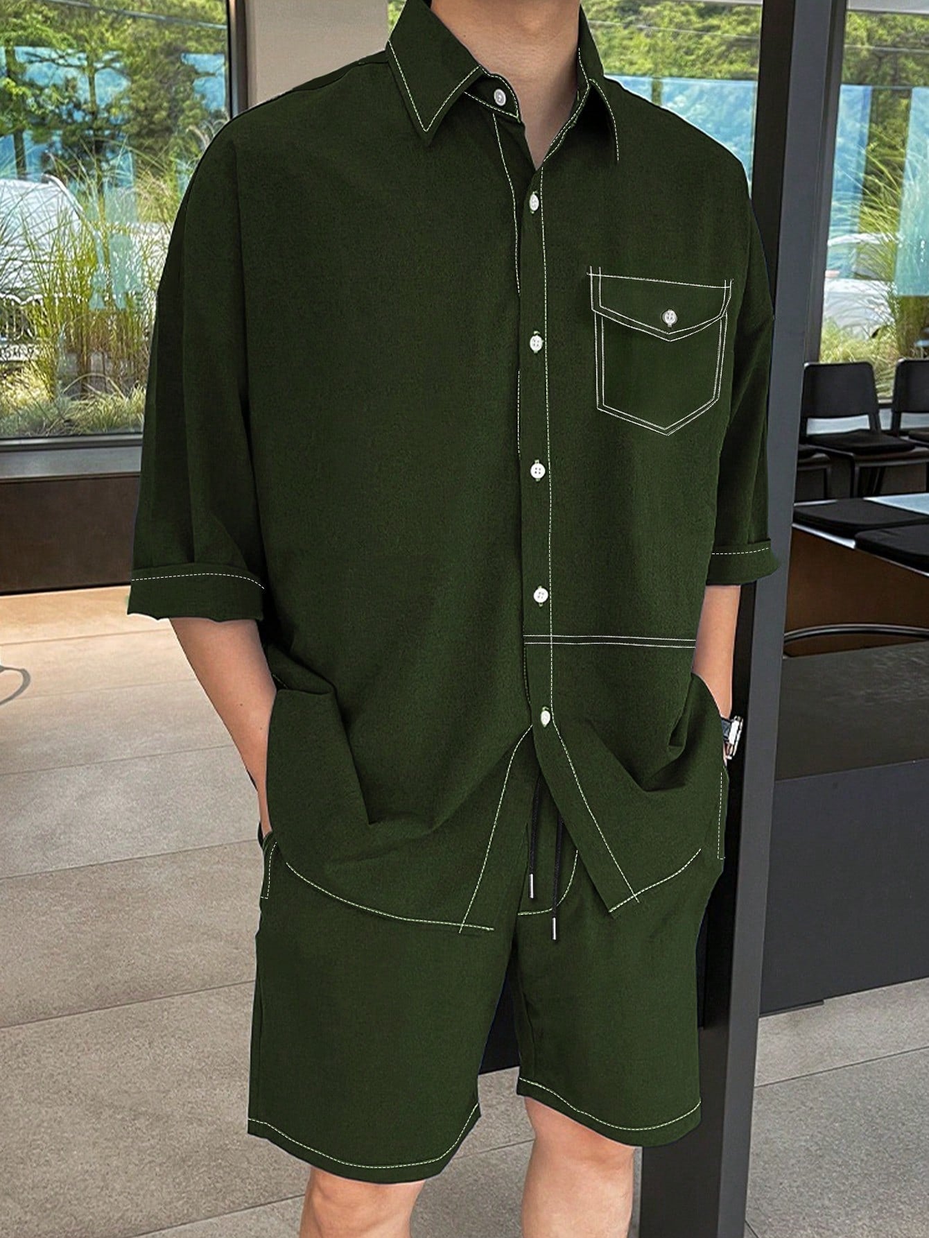 Conjunto Masculino Camisa Botões Frontais E Shorts Com Bolso Conjunto Masculino Camisa Botões Frontais E Shorts Com