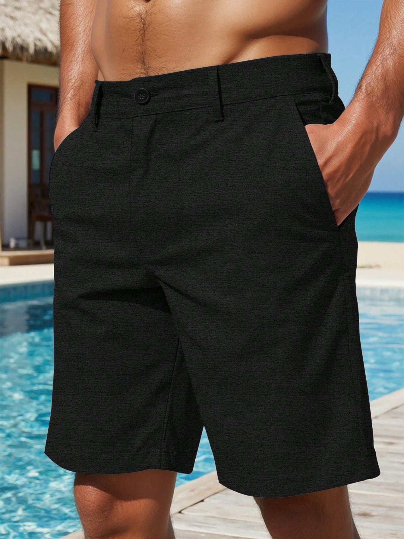 Shorts Masculino Linho Com Bolsos Diagonais E Caimento Solto Preto / PP Shorts Masculino Casual Com Bolsos Laterais E
