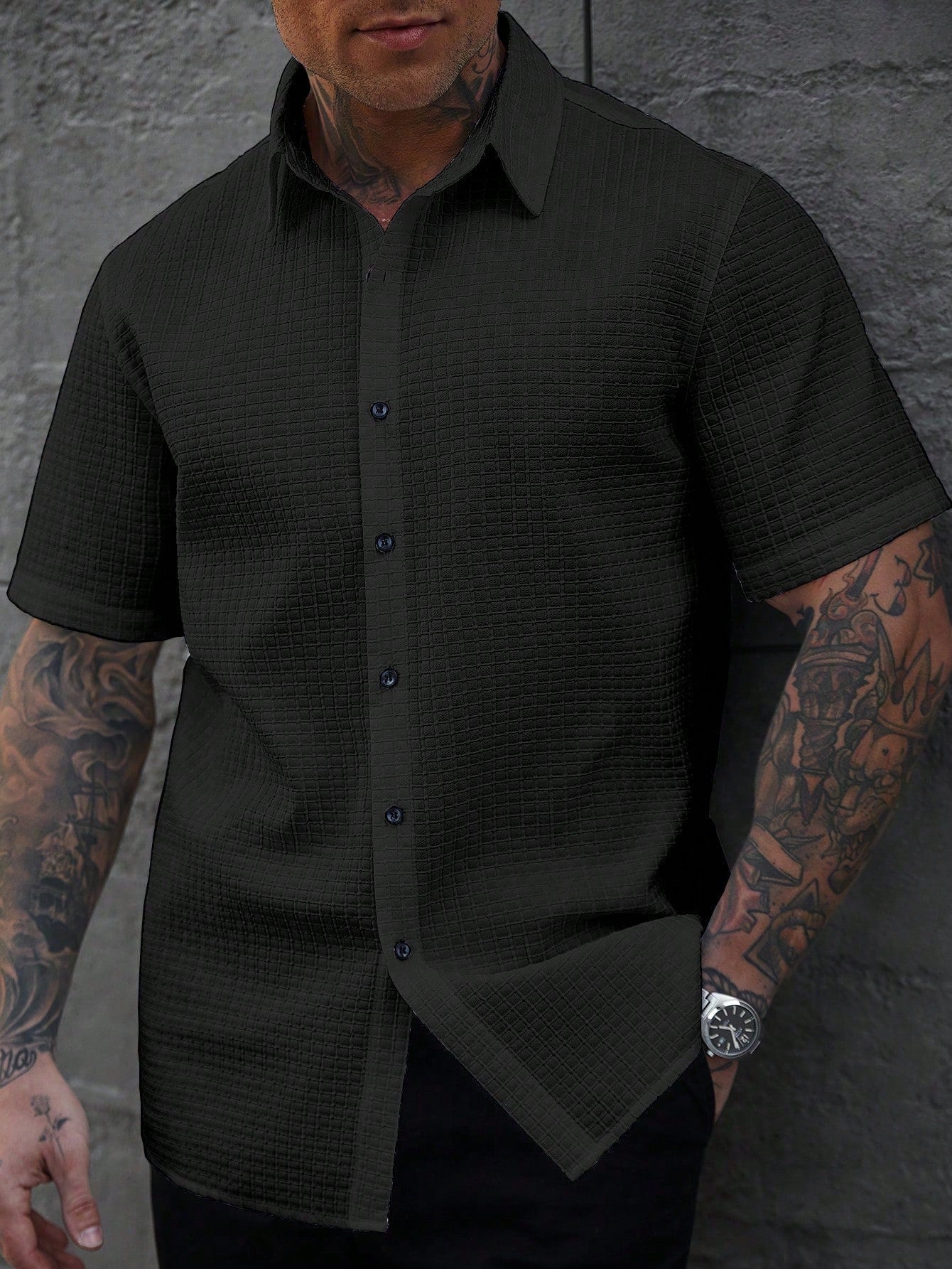 Camisa Masculina De Botão Textura Minimalista Botões Contrastantes Preto / PP Camisa Masculina De Botão Textura
