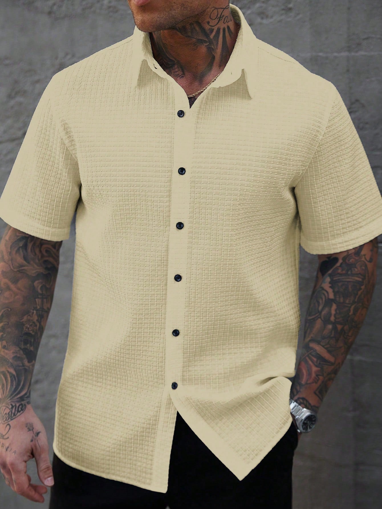 Camisa Masculina De Botão Textura Minimalista Botões Contrastantes Damasco / PP Camisa Masculina De Botão Textura