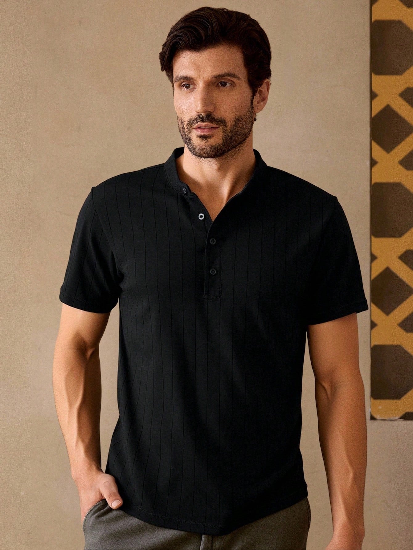 Camisa Masculina Slim Gola Padre Textura Elegante Preto / PP Camisa Masculina Slim Gola Padre Textura Elegante