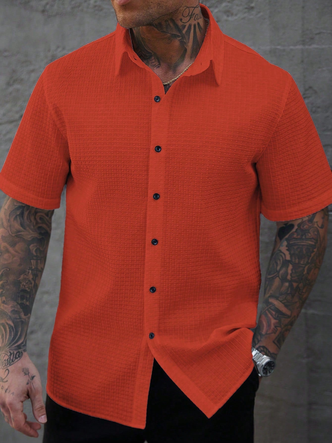 Camisa Masculina De Botão Textura Minimalista Botões Contrastantes Laranja / PP Camisa Masculina De Botão Textura
