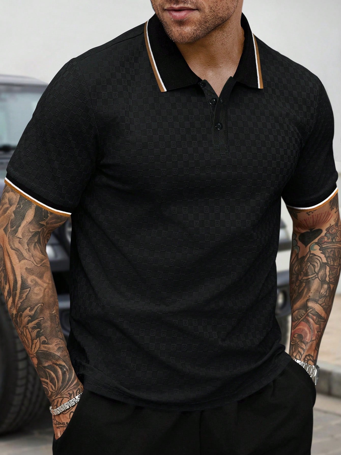 Camisa Polo Masculina Casual Detalhe Color Block Botões Preto / PP Camisa Polo Masculina Casual Detalhe Color Block